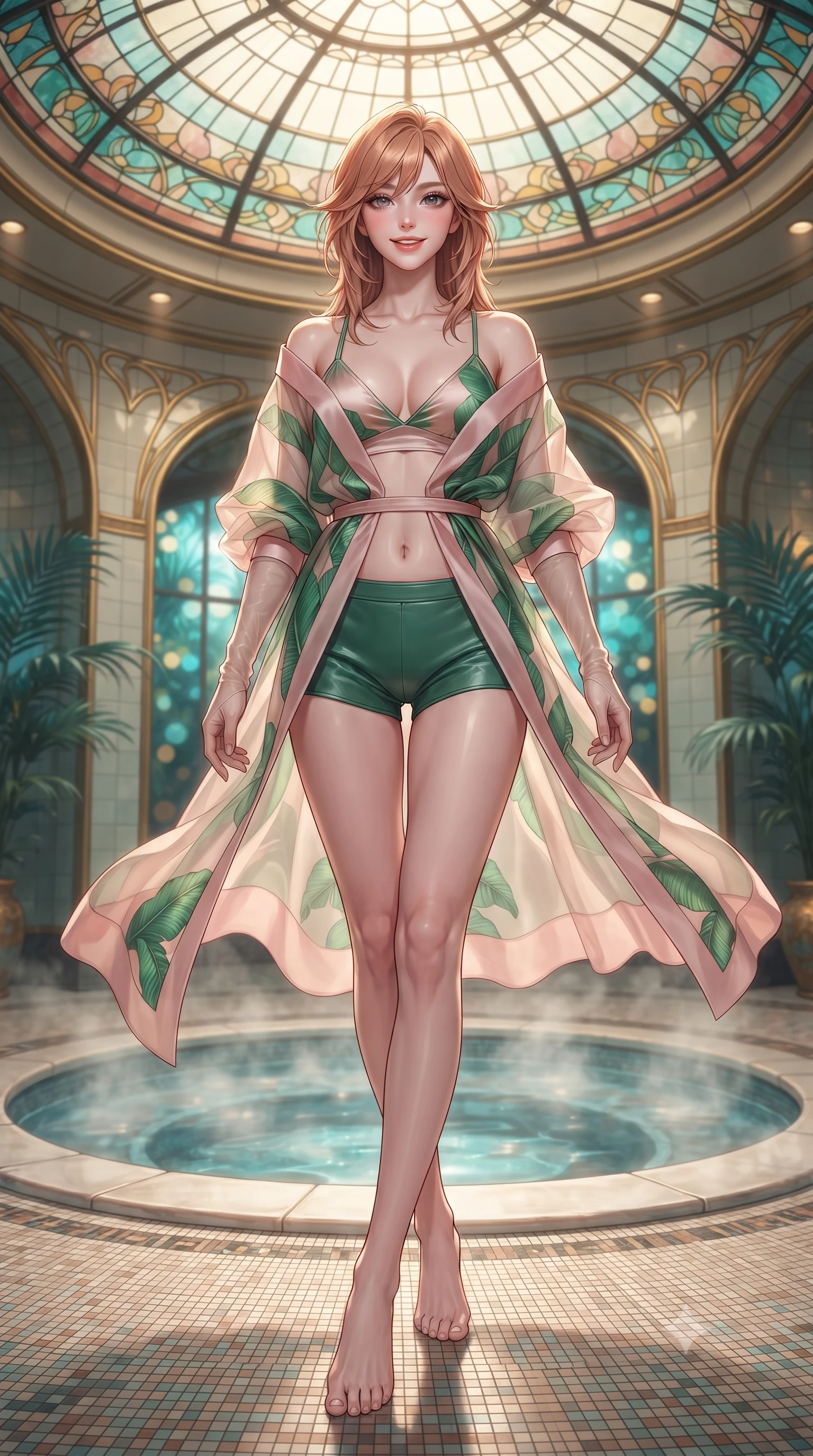 score_9, masterpiece, best quality, ultra-detailed, high-budget anime keyframe, editorial fashion photography, tasteful artistic composition, Korean woman. low angle full-body shot from head to toe showing her feet, filling the entire 9:16 vertical frame with her statuesque presence, stretching her vertical silhouette. stepping slowly toward the camera with hypnotic grace, hips swaying in an alluring sensual rhythm that accentuates her curvy hourglass silhouette and long slender legs while standing poised on the heated mosaic floor beside the sunken circular thermal pool beneath the leaded Art Nouveau stained-glass dome, arching her back with wet-look siren grace. The background shows a soft-focus steaming bathwater surface caustics, sinuous gilded Art Nouveau whiplash curves on tiled walls, and moonlit greenhouse palms blurred into turquoise, gold, and jade bokeh. She has an exceptionally tall and slender model-like 8.5-heads proportion, an ultra-slim waist, a flat toned midriff, narrow delicate ribcage, and beautifully sculpted feminine hips creating a graceful, slim hourglass silhouette without any bulky heaviness, with impossibly long slender legs. sharp v-shaped jawline, high-bridge nose, intricate jewel-like sparkling eyes with depth, thick eyelashes, glossy parted lips with a natural peach sheen, bright cheerful beaming smile with an enchanting and coquettish sensual glint, exuding both youthful cute charm and seductive allure, flawlessly proportioned anatomical accuracy, strict slender model proportions, natural body alignment, perfectly sculpted long slender limbs, ultra-slim waistline, clean dynamic posture without body distortion. wearing a sheer silk organza modern caftan robe worn loose and slipping off bare shoulders over a matching satin bralette and micro-shorts in Beverly Hills vintage banana-leaf emerald and blush pink, woven from buttery-soft stretch lambskin leather adhering to her body like a second skin, complemented by sheer opera-length evening gloves tracing her slender arms, the second-skin tailored fabric adhering flawlessly to her sculpted flat midriff and slender torso, emphasizing her long leg lines and perfectly proportioned willowy build. illuminated by water surface reflection bounce and sharp platinum-cyan rim lights sculpting her jawline, narrow waist, and curvy hips. ultra-reflective glossy finish, specular highlights, rich textural contrasts, high-contrast stereoscopic depth, volumetric dynamic lighting, 2k, ultra detail, master piece, 9:16 ratio