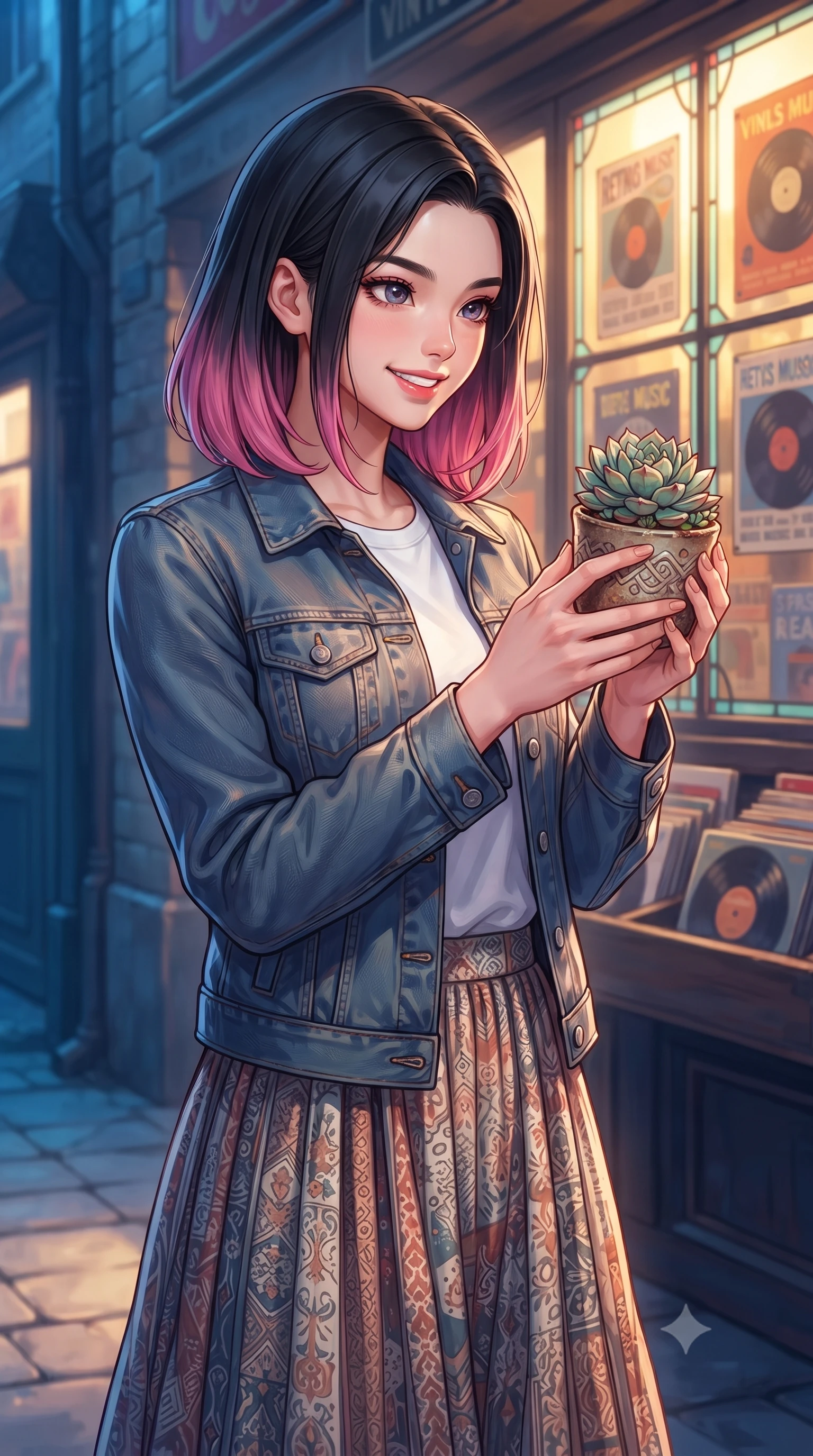 score_9, masterpiece, best quality, ultra-detailed, high-budget anime keyframe, editorial fashion photography, tasteful artistic composition, Korean woman. close-up cowboy shot from the waist and thighs up, the character dominates the composition, filling the frame with her large presence, background elements kept in soft focus. smiling cutely with an air of effortless superiority and magnetic charm set against a soft-focus background of in front of a vintage vinyl record shop with retro music posters in the window holding a small potted succulent with a delighted, cute expression. She has an exceptionally elegant, slender, and willowy female figure with an ultra-slim waist, a gracefully sculpted slender torso, and a refined silhouette. sharp v-shaped jawline, high-bridge nose, intricate jewel-like eyes with depth, thick eyelashes, glossy lips with a natural sheen. wearing form-contouring casual denim jacket worn over a simple white tee and a long cotton skirt. warm glow from the shop windows clashing with the cool blue alley shadows. highly saturated vibrant anime colors, detailed shading with soft gradients, rich glossy textures, high-contrast stereoscopic depth, volumetric dynamic lighting, master piece, 9:16 ratio