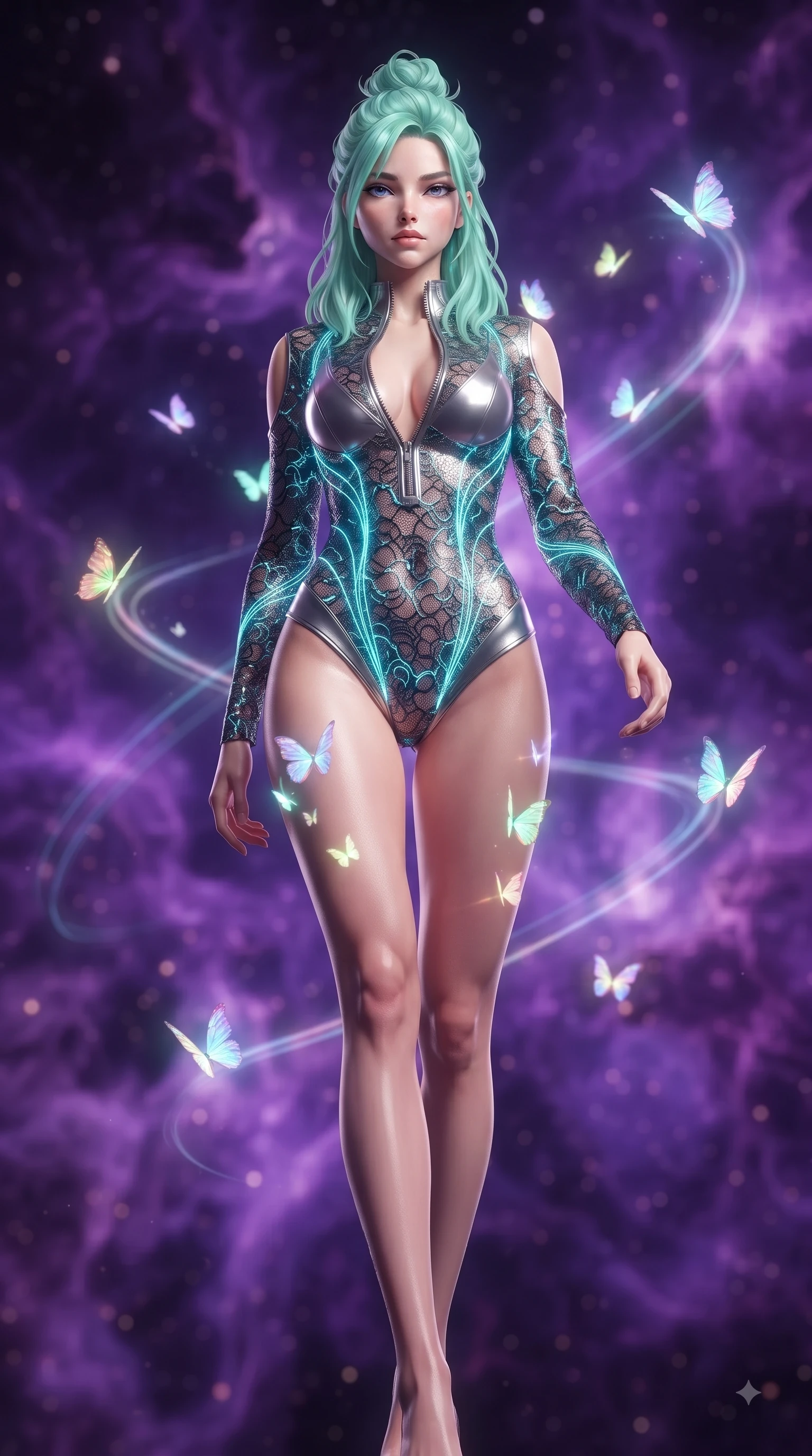 score_9, masterpiece, best quality, ultra-detailed, high-budget anime keyframe, editorial fashion photography, tasteful artistic composition, Japanese woman. low angle full-body shot from head to toe showing her feet, filling the entire 9:16 vertical frame with her statuesque presence, stretching her vertical silhouette. striding forward in a proud, statuesque motion with a dangerous smolder, her vertical silhouette dominating the frame from head to toe while arching her back gracefully in a sea of violet nebula gas while luminous butterflies illuminate her skin. The composition keeps background elements in soft focus with creamy bokeh. glowing butterfly flight paths creating soft luminous light trails across the backdrop. She has an absolutely perfect, statuesque 8.5-heads proportion, an exceptionally tall and slender model-like female figure with impossibly long slender legs and an ultra-slim waist. sharp v-shaped jawline, high-bridge nose, intricate jewel-like eyes with depth, thick eyelashes, glossy lips with a natural sheen, flawlessly proportioned anatomical accuracy, natural body alignment, perfectly sculpted elegant limbs, clean dynamic posture without body distortion. wearing a form-fitting top made of molten liquid-mercury fabric that clings to her curves, with strategic tear-drop shoulder cutouts and a dangerously unzipped front collar in liquid mercury silver and glowing electric cyan, crafted from delicate dark lace interwoven with luminescent micro-fibers, complemented by criss-cross back straps highlighting her completely bare spine, the sleek aerodynamic cut emphasizing her magnetic presence and alluring physical grace. surrounded by an enchanting, weightless, and dreamily sensual cosmic atmosphere. ultra-reflective glossy finish, specular highlights, metallic sheen, high-contrast stereoscopic depth, volumetric dynamic lighting, 2k, ultra detail, master piece, 9:16 ratio