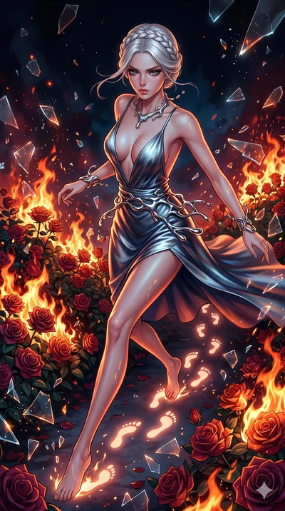 score_9, masterpiece, best quality, ultra-detailed, Set A: High-budget Anime Keyframe, Caucasian (strictly human ears) woman. Upper body close-up from the thighs up, character filling the screen for maximum presence. Sliding through a burning rose ga