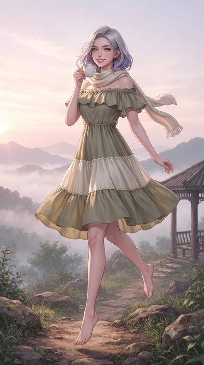 score_9, masterpiece, best quality, ultra-detailed, high-budget anime keyframe, editorial fashion photography, tasteful artistic composition, Caucasian woman. low angle full-body shot from head to toe showing her feet, filling the entire 9:16 vertica