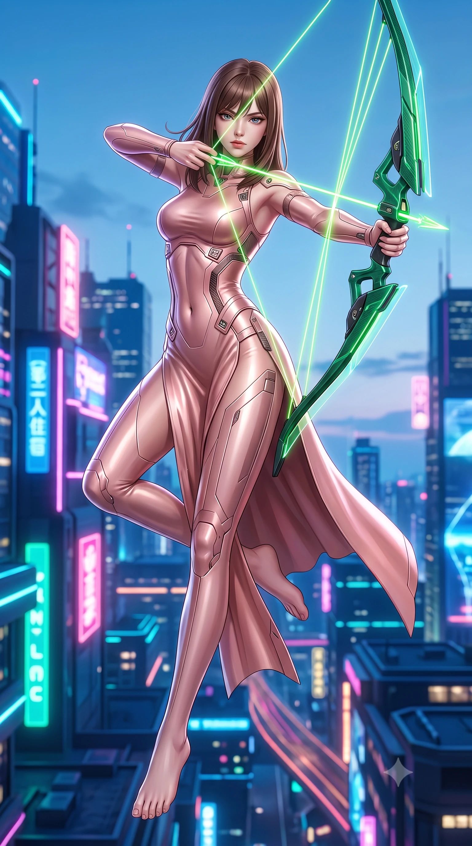 score_9, masterpiece, best quality, ultra-detailed, high-budget anime keyframe, semi-realistic 3D game render, editorial fashion photography, tasteful artistic composition, Korean woman. low angle full-body shot from head to toe showing her feet, filling the entire 9:16 vertical frame with her statuesque presence, stretching her vertical silhouette. performing an alluring mid-air combat landing with flawless poise, looking directly into the camera with regal, deadly intensity while arching her back gracefully with full draw-string tension, her long slender legs and torso creating a sweeping line of power. The surrounding environment is rendered in vivid detail and crisp panoramic clarity. razor-sharp holographic bow limb geometries, glowing photon arrow string filaments, and reactor core facets in deep focus. She has an absolutely perfect, statuesque 8.5-heads proportion, an exceptionally tall and slender model-like female figure with impossibly long slender legs, a toned flat midriff, and an ultra-slim waist. sharp v-shaped jawline, high-bridge nose, intricate jewel-like eyes with depth, thick eyelashes, glossy lips with a natural sheen, flawlessly proportioned anatomical accuracy, strict slender model proportions, natural body alignment, perfectly sculpted long slender limbs, ultra-slim waistline, clean dynamic posture without body distortion. wearing a form-fitting luminous rose-gold carbon combat gown with tactical side slits, wielding a floating magnetic energy bow with celestial poise in emerald green carbon composite with glowing lime laser channels, made of lightweight aerodynamic carbon-titanium alloy with polished edge bevels, finished with high-mobility articulation joints and miniature magnetic armor locks, the glove-like aerodynamic second-skin fit tightly clinging to her ultra-slender waist and athletic curves without adding bulk, accentuating her razor-sharp statuesque lines and slim hourglass silhouette. illuminated by crisp white key lighting with sharp specular highlights tracing her slender curves. rich saturated anime colors with glowing neon highlights, detailed shading with soft gradients, rich glossy textures, high-contrast stereoscopic depth, volumetric dynamic lighting, master piece, 9:16 ratio