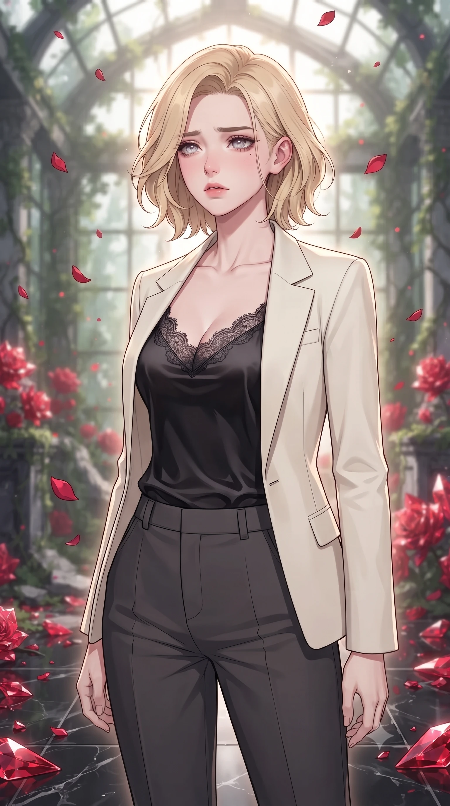 score_9, masterpiece, best quality, ultra-detailed, high-budget anime keyframe, gorgeous anime illustration, artistic 2d flat cel-shaded style, Caucasian woman, strictly human ears. close-up cowboy shot from the waist and thighs up, the character dominates the composition, filling the frame with her large presence, background elements kept in soft focus. Gazing into the distance with a wistful melancholic expression and softly glowing eyes. set against a soft-focus background of in a ruin of a greenhouse where roses have turned to red crystal and shattered fragments lie scattered on black marble, red rose petals frozen mid-fall in the air. She has an exceptionally elegant and slender, willowy female figure with an ultra-slim waist, a gracefully sculpted slender torso, and a refined slim physique. sharp v-shaped jawline, high-bridge nose, intricate jewel-like eyes with depth, thick eyelashes, glossy lips with a natural sheen. wearing a black fine lace-trimmed satin camisole layered under an ivory blazer, with charcoal tailored slacks. dramatic backlight creating a radiant halo effect around her entire silhouette. 2k, ultra detail, master piece, 9:16 ratio, vibrant anime color palette, flat color shading, 2d animation style