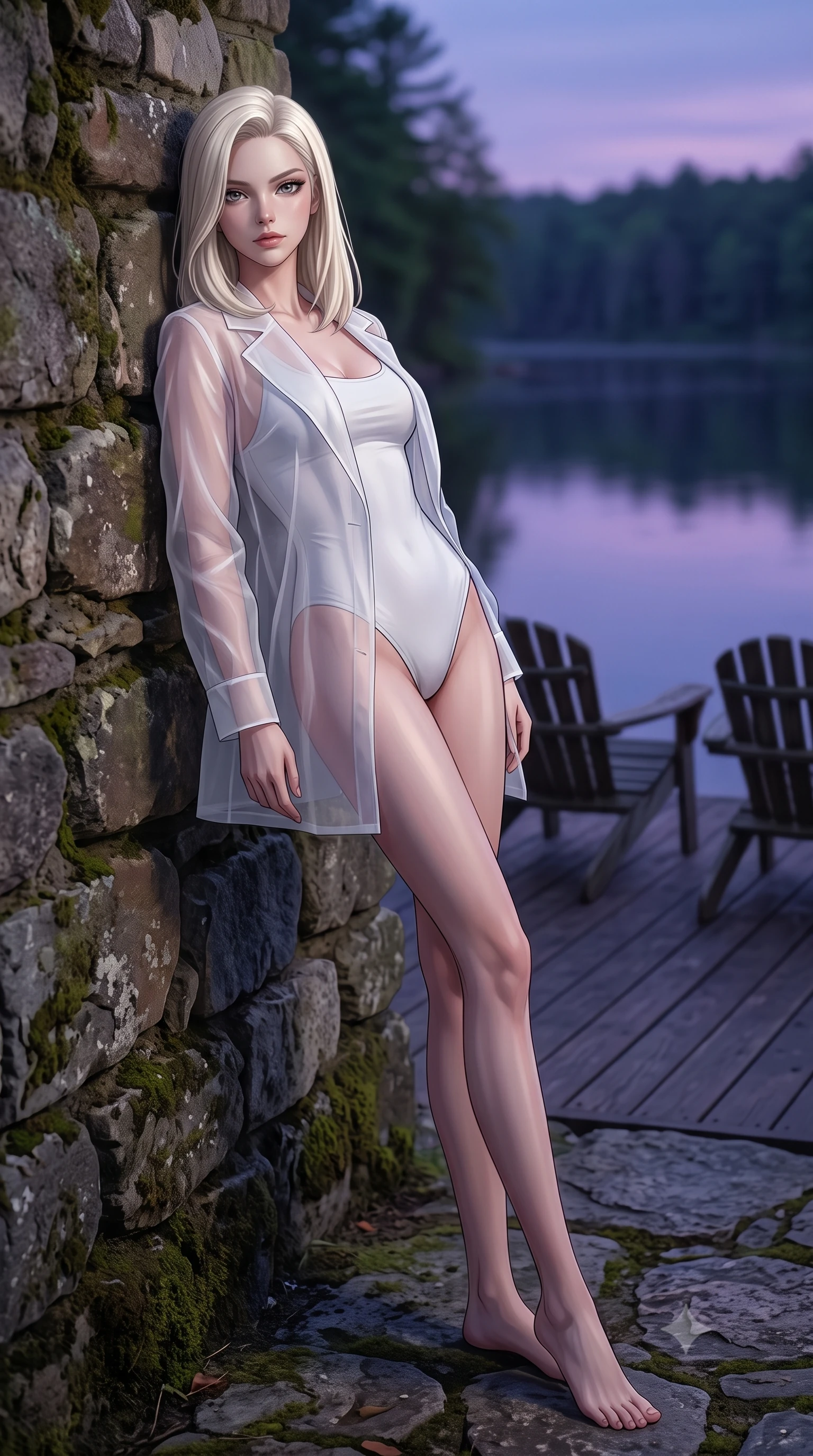 score_9, masterpiece, best quality, ultra-detailed, high-budget anime keyframe, editorial fashion photography, tasteful artistic composition, Caucasian woman woman. low angle full-body shot from head to toe showing her feet, filling the entire 9:16 vertical frame with her statuesque presence, stretching her vertical silhouette. leaning back against a rustic stone wall, casting a slow, alluring gaze at the camera the background shows a soft-focus a simple dark wood deck extending over a calm forest lake, with two chairs. She has an absolutely perfect, statuesque 8.5-heads proportion, an exceptionally tall and slender model-like female figure with impossibly long slender legs and an ultra-slim waist. sharp v-shaped jawline, high-bridge nose, intricate jewel-like eyes with depth, thick eyelashes, glossy lips with a natural sheen. wearing a tailored semi-transparent white organza resort cover-up worn over a form-fitting one-piece swimsuit. the serene purple and blue hues of twilight reflecting on the still water. 2k, ultra detail, master piece, 9:16 ratio