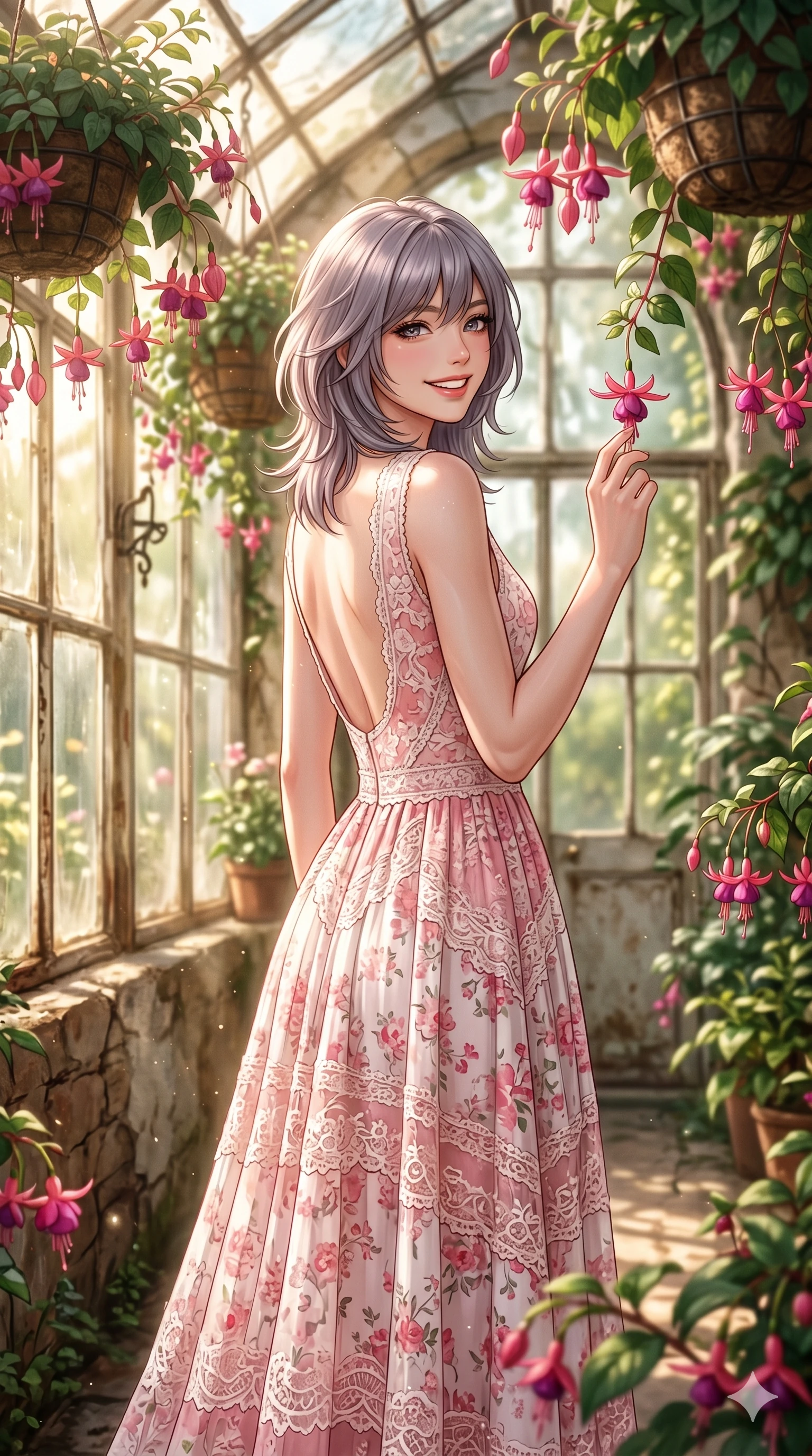 score_9, masterpiece, best quality, ultra-detailed, high-budget anime keyframe, editorial fashion photography, tasteful artistic composition, Japanese woman. cowboy shot from the thighs up, character and outfit filling the frame for maximum editorial presence. gently touching a hanging flower, looking back with a bright, happy grin inside an old conservatory filled with hanging baskets of pink fuchsias. She has an absolutely perfect 8-heads proportion, an exceptionally tall and slender female figure with impossibly long slender legs and an ultra-slim waist. V-shaped jawline, high-bridge nose, intricate jewel-like eyes with depth, thick eyelashes, glossy lips with a natural sheen. wearing a pink and white summer dress with a scooped open back and delicate lace details. bathed in soft, warm sunbeams filtering through the foliage, creating a dreamy atmosphere. 2k, ultra detail, master piece, 9:16 ratio