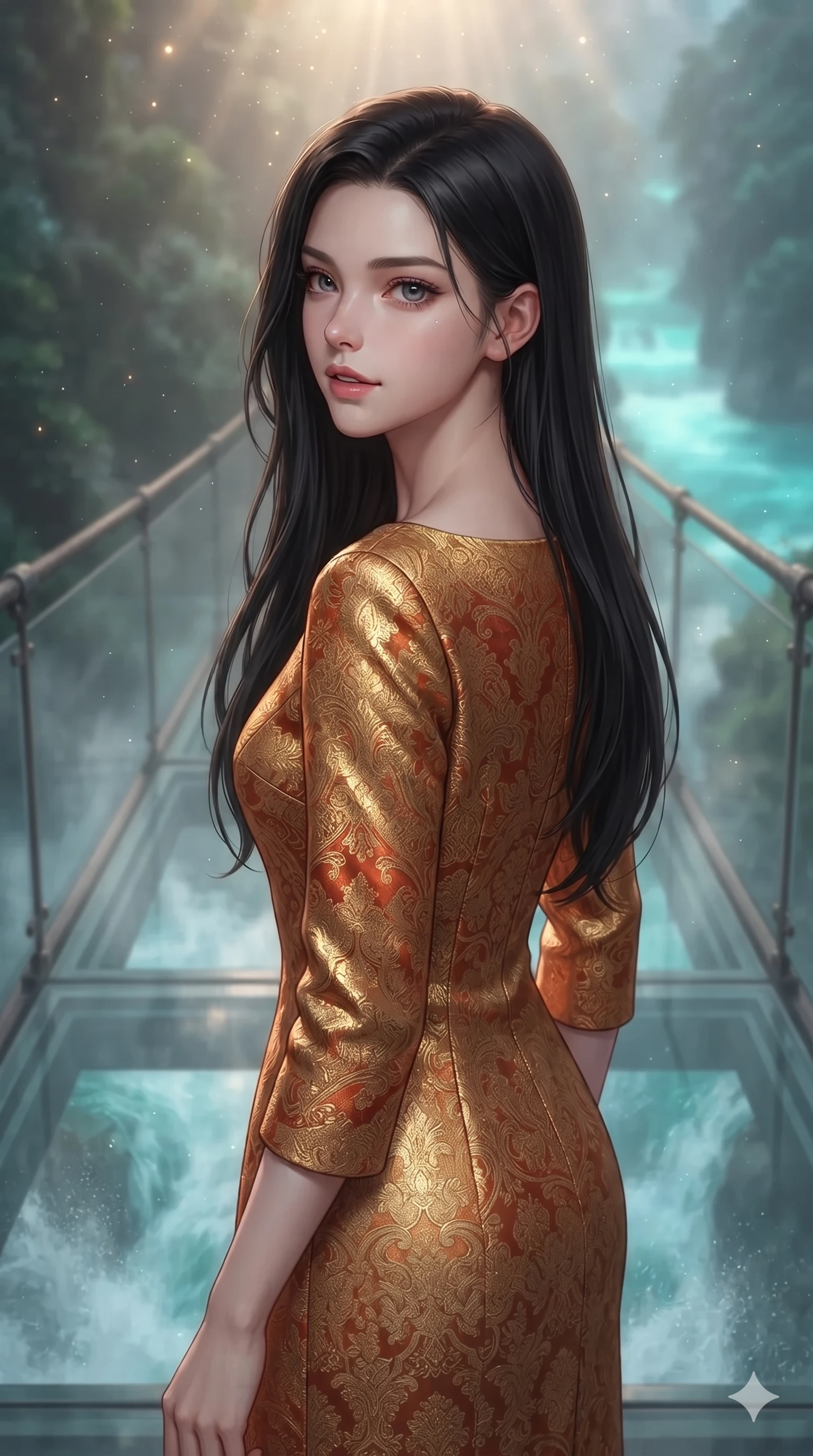 score_9, masterpiece, best quality, ultra-detailed, high-budget anime keyframe, editorial fashion photography, tasteful artistic composition, Korean woman. close-up cowboy shot from the waist and thighs up, the character dominates the composition, filling the frame with her large presence. posing in an alluring rear three-quarter angle, looking over a bare shoulder with parted glossy lips, her hips cocked back to highlight her slim hourglass curve while walking slowly along the suspended glass-bottom bridge, looking back over her shoulder with an air of effortless grace and an alluring, smoldering smile as glowing turquoise water rushes below. The background shows a soft-focus fine waterfall spray haze softened in suspended glass promenade shallow focus. She has an exceptionally elegant, slender, and willowy female figure with an ultra-slim waist, flat toned midriff, narrow ribcage, and sculpted feminine hips creating an alluring, slim hourglass silhouette without bulk. sharp v-shaped jawline, high-bridge nose, intricate jewel-like sparkling eyes with depth, thick eyelashes, glossy parted lips with a natural sheen, intensely captivating and seductive bedroom-eyes expression, exuding both youthful cute charm and sovereign luxury allure, flawlessly proportioned anatomical accuracy, strict slender model proportions, natural body alignment, perfectly sculpted long slender limbs, ultra-slim waistline, clean dynamic posture without body distortion. wearing an aristocratic gold-leaf jacquard brocade shift dress with high boat neckline and elegant bracelet sleeves in imperial vermilion silk and warm bronze, crafted from luxurious metallic lamé that shifts radiance with every step, complemented by strappy stiletto sandals with metallic ankle wraps accentuating her slender calves, the impeccably tailored cut draping gracefully along her slender figure with aristocratic poise. bathed in the vibrant underwater turquoise illumination filtering through the glass floor mixed with warm overhead starlight. ultra-reflective glossy finish, specular highlights, rich textural contrasts, high-contrast stereoscopic depth, volumetric dynamic lighting, 2k, ultra detail, master piece, 9:16 ratio