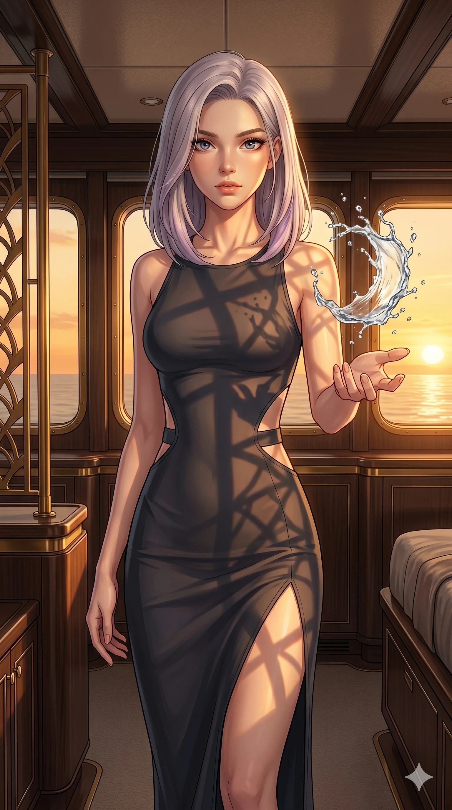 score_9, masterpiece, best quality, ultra-detailed, high-budget anime keyframe, editorial fashion photography, tasteful artistic composition, Caucasian woman, strictly human ears. cowboy shot from the thighs up, character and outfit filling the frame for maximum editorial presence. reaching a hand toward a floating splash of water, looking at the camera inside a luxury yacht stateroom cabin with large panoramic portlights (Code-P19-105). She has an absolutely perfect 8-heads proportion, an exceptionally tall and slender female figure with impossibly long slender legs and an ultra-slim waist. V-shaped jawline, high-bridge nose, intricate jewel-like eyes with depth, thick eyelashes, glossy lips with a natural sheen. wearing a bodycon dress with high slit and side cutouts in eco-nylon. warm amber sunset casting dancing shadows and a soft golden glow over her features. 2k, ultra detail, master piece, 9:16 ratio