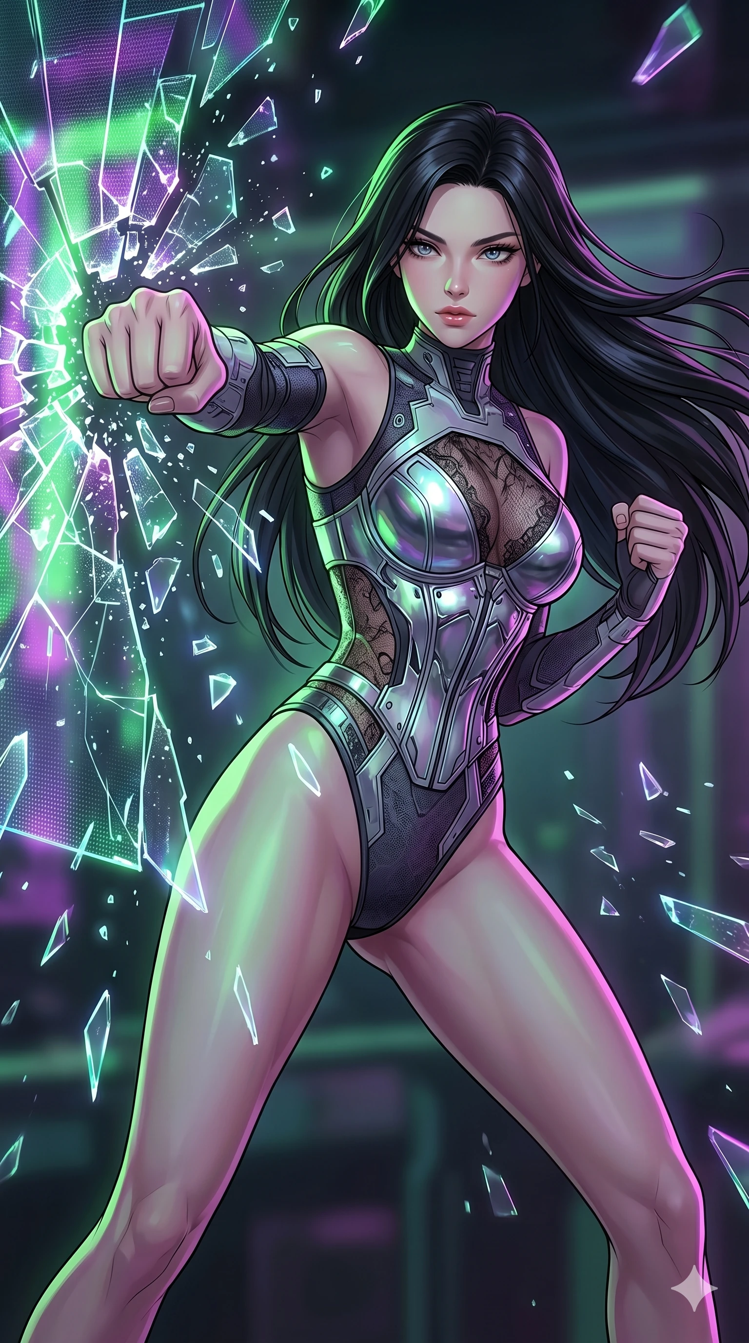 score_9, masterpiece, best quality, ultra-detailed, high-budget anime movie keyframe, cinematic anime lighting, intricate line art, Caucasian (strictly human ears) woman. Low angle cowboy shot capturing a powerful motion and statuesque presence. punching through a holographic firewall that shatters like glass. She has an absolutely perfect 8-heads proportion, an exceptionally tall and slender female figure with an ultra-slim waist and impossibly long slender legs. strictly human anatomy, two legs only, no extra limbs, clearly defined legs and arms, perfect anatomy, perfect hands and fingers. sharp v-shaped jawline, high-bridge nose, intricate jewel-like eyes, thick eyelashes, glossy lips. Wearing Cyber-Tech Legacy: Asymmetrical high-cut tech-bodysuit with detached sleeves and chrome-plated corset over sheer lace. The scene is illuminated by dramatic atmospheric lighting and vibrant color palettes. , 2k, ultra detail, master piece, 9:16 ratio