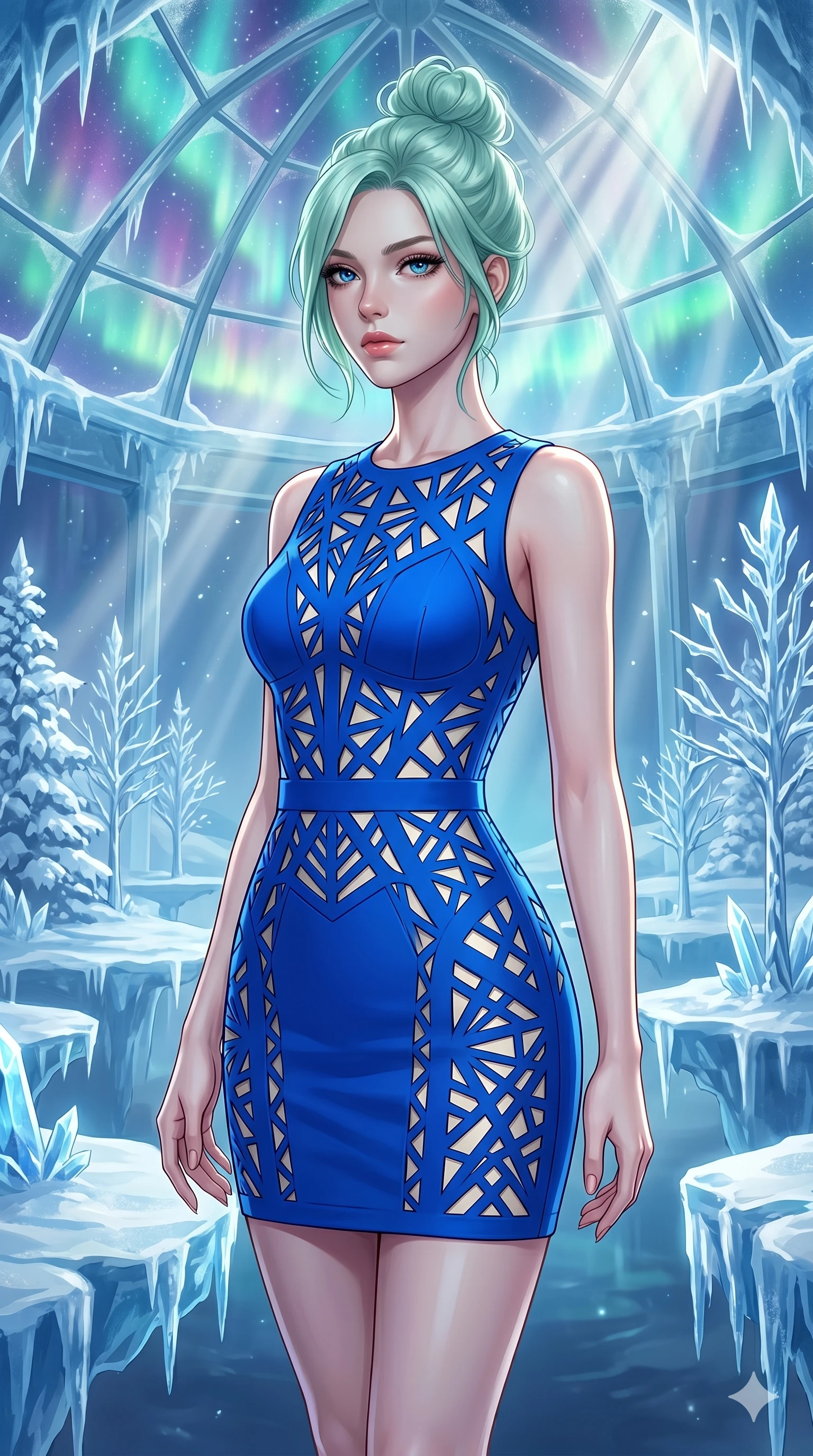 score_9, masterpiece, best quality, ultra-detailed, high-budget anime keyframe, editorial fashion photography, tasteful artistic composition, Japanese woman. cowboy shot from the thighs up, character and outfit filling the frame for maximum editorial presence. Gazing past the camera with an air of effortless superiority within a dreamlike floating winter kingdom with frozen crystal trees and aurora skies. She has an absolutely perfect 8-heads proportion, an exceptionally tall and slender female figure with impossibly long slender legs and an ultra-slim waist. V-shaped jawline, high-bridge nose, intricate jewel-like eyes with depth, thick eyelashes, glossy lips with a natural sheen. wearing a vivid electric cobalt structured fitted mini dress with intricate laser-cut geometric patterns at the torso and waist revealing glimpses of the underlining in contrasting ivory. drenched in cinematic god-ray sunlight descending from a vaulted glass ceiling, illuminating her form. 2k, ultra detail, master piece, 9:16 ratio