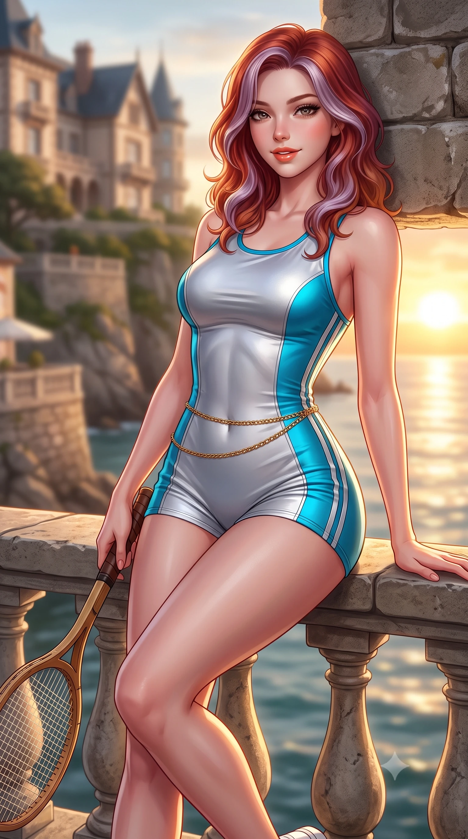 score_9, masterpiece, best quality, ultra-detailed, high-budget anime keyframe, semi-realistic 3D game render, editorial fashion photography, tasteful artistic composition, Caucasian woman. close-up cowboy shot from the waist and thighs up, the character dominates the composition, filling the frame with her large presence. leaning back against the pit wall with relaxed seductive grace, her flat midriff and narrow waist highlighted as sunlight traces her curves while sitting perched on the court stone balustrade with legs crossed, holding a wooden tennis racket with effortless French Basque allure. The background shows a soft-focus Belle Époque cliffside hotel villas softened in breezy coastal country club shallow focus. She has an exceptionally elegant, slender, and willowy female figure with an ultra-slim waist, flat toned midriff, narrow ribcage, and sculpted feminine hips creating an alluring, slim hourglass silhouette without bulk. sharp v-shaped jawline, high-bridge nose, sparkling eyes with athletic focus and depth, thick curled eyelashes, glossy parted lips with a natural coral-peach sheen, bright confident and coquettish smile with alluring bedroom-eyes, exuding both youthful sporty vigor and sovereign high-society glamour, flawlessly proportioned anatomical accuracy, strict slender model proportions, natural body alignment, perfectly sculpted long slender limbs, ultra-slim waistline, clean dynamic posture without body distortion. wearing a bodycon racerback athletic romper with high-cut leg openings and side racing stripe tape accentuating her curvy hips in metallic liquid silver and electric cyan, tailored from crisp cotton poplin with clean aerodynamic structural lines, accented with a delicate gold chain belt resting loosely on her curvy hips, the form-fitting tailored bodice adhering flawlessly to her sculpted flat midriff and slender torso, emphasizing her long leg lines and perfectly proportioned willowy build. bathed in intense golden sunset rays breaking horizontally across the Atlantic Ocean. highly saturated vibrant anime colors, detailed shading with soft gradients, rich glossy textures, high-contrast stereoscopic depth, volumetric dynamic lighting, master piece, 9:16 ratio