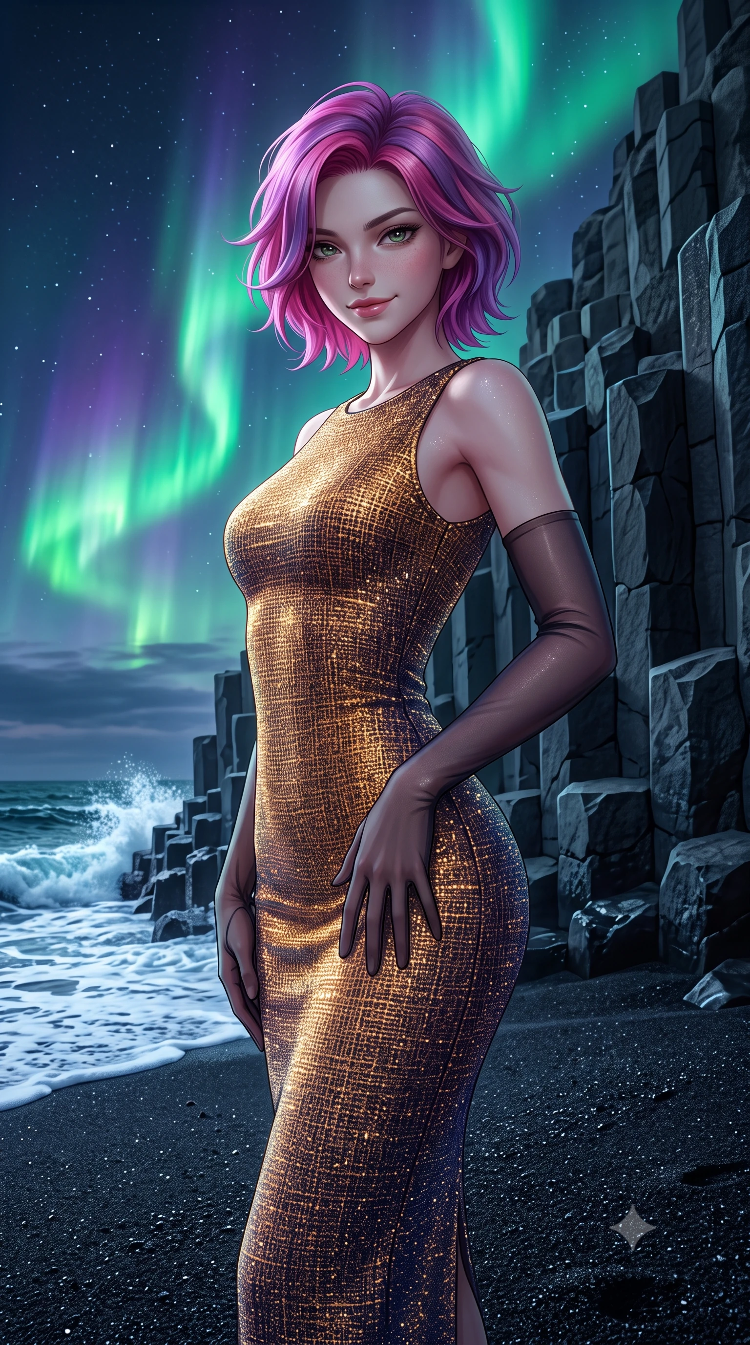 score_9, masterpiece, best quality, ultra-detailed, high-budget anime keyframe, editorial fashion photography, tasteful artistic composition, Caucasian woman. close-up cowboy shot from the waist and thighs up, the character dominates the composition, filling the frame with her large presence. tilting her head with a teasing half-smile, running one hand slowly down the side of her hip in a flirtatious S-curve as ambient light caresses her silhouette while standing poised on the jet-black volcanic sand beside towering hexagonal basalt columns, arching her lower back as emerald and violet aurora ribbons ripple across the Arctic sky. The surrounding environment is rendered in vivid detail and crisp panoramic clarity: sharp hexagonal basalt prism edges, fine jet-black volcanic basalt sand granules, and foaming white wave foam crests in deep focus. She has an exceptionally elegant, slender, and willowy female figure with an ultra-slim waist, flat toned midriff, narrow ribcage, and sculpted feminine hips creating an alluring, slim hourglass silhouette without bulk. sharp v-shaped jawline, high-bridge nose, intricate jewel-like sparkling eyes with depth, thick eyelashes, glossy parted lips with a natural peach sheen, bright cheerful beaming smile with an enchanting and coquettish sensual glint, exuding both youthful cute charm and seductive allure, flawlessly proportioned anatomical accuracy, strict slender model proportions, natural body alignment, perfectly sculpted long slender limbs, ultra-slim waistline, clean dynamic posture without body distortion. wearing a sculpted metallic lurex knit column dress clinging smoothly to her curves with radiant shimmer in Seville orange blossom gold and midnight moorish indigo, woven from structured British tweed with subtle metallic flecks, complemented by sheer opera-length evening gloves tracing her slender arms, the bespoke structured tailoring following the natural line of her 8.5-heads silhouette with refined elegance. bathed in the ethereal 5200K phosphorescent green-and-violet illumination of active aurora borealis curtains mixed with twilight glow. ultra-reflective glossy finish, specular highlights, rich textural contrasts, high-contrast stereoscopic depth, volumetric dynamic lighting, 2k, ultra detail, master piece, 9:16 ratio
