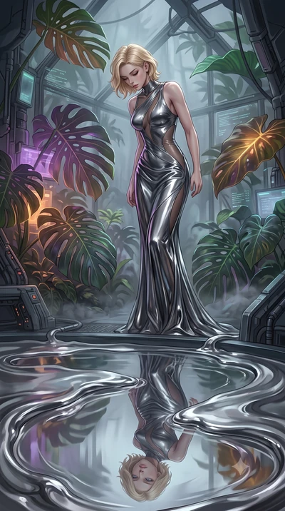 score_9, masterpiece, best quality, ultra-detailed, High-budget Anime Keyframe, Caucasian woman, strictly human ears. Low angle cowboy shot filling the entire 9:16 frame with her statuesque presence. Scenario 275: gazing at her reflection in a pool o