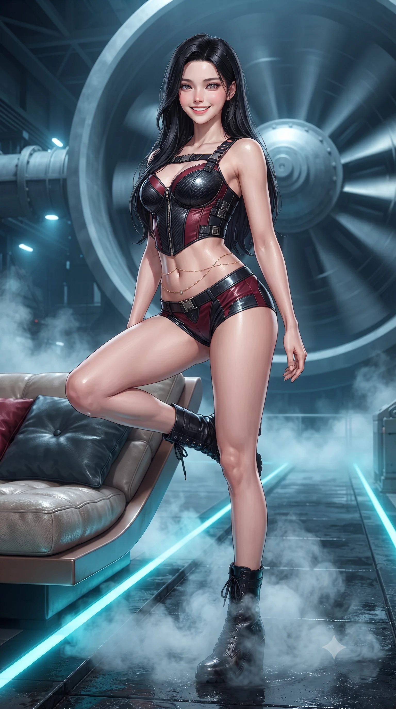 score_9, masterpiece, best quality, ultra-detailed, high-budget anime keyframe, editorial fashion photography, tasteful artistic composition, Korean woman. close-up cowboy shot from the waist and thighs up, the character dominates the composition, filling the frame with her large presence. perched sideways on the lounge seat, one knee drawn up to showcase her slender leg line while her arched back accentuates her feminine hip curve while standing poised on the wet black basalt walkway beside the colossal spinning cooling turbine, arching her spine with tactical warrior grace as dense mineral steam swirls around her boots. The surrounding environment is rendered in vivid detail and crisp panoramic clarity: detailed tactical flight bodysuit lines, sleek wet-look sheen, and monumental energy facility engineering in high resolution. She has an exceptionally elegant, slender, and willowy female figure with an ultra-slim waist, flat toned midriff, narrow ribcage, and sculpted feminine hips creating an alluring, slim hourglass silhouette without bulk. sharp v-shaped jawline, high-bridge nose, intricate jewel-like sparkling eyes with depth, thick eyelashes, glossy parted lips with a natural peach sheen, bright cheerful beaming smile with an enchanting and coquettish sensual glint, exuding both youthful cute charm and seductive allure, flawlessly proportioned anatomical accuracy, strict slender model proportions, natural body alignment, perfectly sculpted long slender limbs, ultra-slim waistline, clean dynamic posture without body distortion. wearing a sculpted carbon-fiber underwire crop corset with tactical buckle straps paired with low-rise micro shorts in Star-Fortress obsidian black and imperial crimson, crafted from bespoke double-faced cashmere with an exceptionally soft tactile finish, accented with a dainty gold belly chain resting across her flat midriff and curving hips, the glove-like clinging cut tightly following the natural contour of her hips and long slender legs with youthful 8.5-heads elegance. bathed in electric-cyan floor LED guide lights mixed with cold ambient 6000K turbine spotlights. ultra-reflective glossy finish, specular highlights, rich textural contrasts, high-contrast stereoscopic depth, volumetric dynamic lighting, 2k, ultra detail, master piece, 9:16 ratio