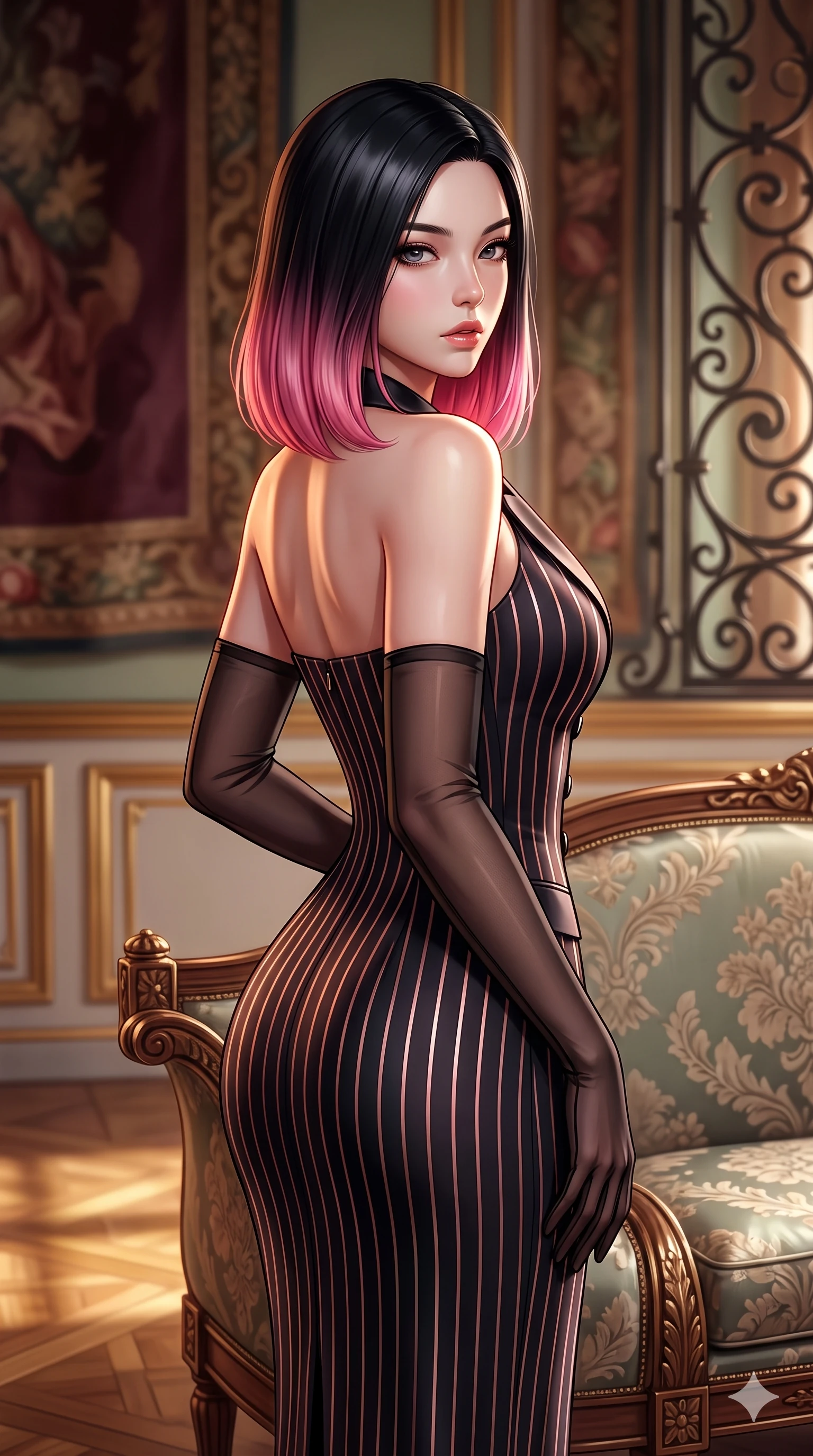 score_9, masterpiece, best quality, ultra-detailed, high-budget anime keyframe, semi-realistic 3D game render, editorial fashion photography, tasteful artistic composition, Korean woman. close-up cowboy shot from the waist and thighs up, the character dominates the composition, filling the frame with her large presence. posing in an alluring rear three-quarter angle, looking over a bare shoulder with parted glossy lips, her hips cocked back to highlight her slim hourglass curve while twisting her slender torso in an alluring contrapposto stance beside the settee, antique silk embroidery reflections tracing her narrow waist and curvy hips. The background shows a soft-focus hand-woven French silk tapestries, antique wrought-iron scrollwork, and gilded salon wainscoting blurred into burgundy, bronze, and sage bokeh. She has an exceptionally elegant, slender, and willowy female figure with an ultra-slim waist, flat toned midriff, narrow ribcage, and sculpted feminine hips creating an alluring, slim hourglass silhouette without bulk. sharp v-shaped jawline, high-bridge nose, intricate jewel-like sparkling eyes with depth, thick eyelashes, glossy parted lips with a natural sheen, intensely captivating and seductive bedroom-eyes expression, exuding both youthful cute charm and sovereign luxury allure, flawlessly proportioned anatomical accuracy, strict slender model proportions, natural body alignment, perfectly sculpted long slender limbs, ultra-slim waistline, clean dynamic posture without body distortion. wearing a tailored double-breasted tuxedo evening dress with structured satin lapels and metallic pinstripes in rose-quartz blush and burnished copper, tailored from heavy double-faced silk georgette with an exceptionally fluid drape, complemented by sheer opera-length evening gloves tracing her slender arms, the impeccably tailored cut draping gracefully along her slender figure with aristocratic poise. illuminated by polished parquet bounce and sharp bronze-amber rim lights sculpting her razor-sharp jawline, narrow waist, and curvy hips. highly saturated vibrant anime colors, detailed shading with soft gradients, rich glossy textures, high-contrast stereoscopic depth, volumetric dynamic lighting, master piece, 9:16 ratio