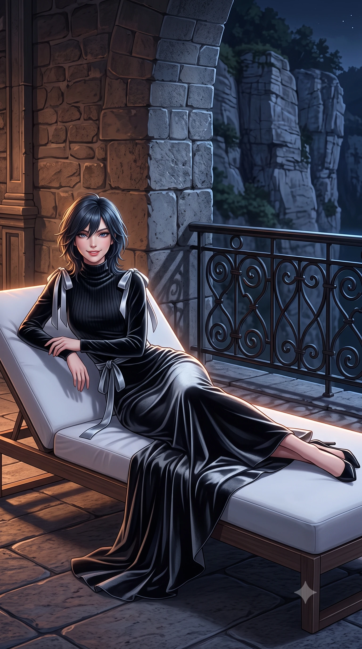 score_9, masterpiece, best quality, ultra-detailed, high-budget anime keyframe, semi-realistic 3D game render, editorial fashion photography, tasteful artistic composition, Caucasian woman. low angle full-body shot from head to toe showing her feet, filling the entire 9:16 vertical frame with her statuesque presence, stretching her vertical silhouette. reclining gracefully across the plush chaise lounge with one leg extended, her sculpted silhouette and flat midriff radiating magnetic nocturnal glamour while lounging in the modern white daybed propped on one elbow with legs extended, displaying her long slender limbs and statuesque hourglass silhouette against the gorge. The surrounding environment is rendered in vivid detail and crisp panoramic clarity: sharp rough-hewn stone masonry of the historic bridge, sheer limestone fissure strata, and black iron balustrade scrollwork in deep focus. She has an exceptionally tall and slender model-like 8.5-heads proportion, an ultra-slim waist, a flat toned midriff, narrow delicate ribcage, and beautifully sculpted feminine hips creating a graceful, slim hourglass silhouette without any bulky heaviness, with impossibly long slender legs. sharp v-shaped jawline, high-bridge nose, intricate jewel-like sparkling eyes with depth, thick eyelashes, glossy parted lips with a natural peach sheen, bright cheerful beaming smile with an enchanting and coquettish sensual glint, exuding both youthful cute charm and seductive allure, flawlessly proportioned anatomical accuracy, strict slender model proportions, natural body alignment, perfectly sculpted long slender limbs, ultra-slim waistline, clean dynamic posture without body distortion. wearing an elegant high-neck Icelandic cashmere ribbed turtleneck coat dress with belted waistline in Vik black sand obsidian and glacier crystal silver, tailored from ultra-plush silk velvet with rich tactile depth and deep shadow gradients, finished with satin ribbon ties at the shoulders fluttering in the gentle breeze, the impeccably tailored cut draping gracefully along her slender figure with aristocratic poise. illuminated by stone deck bounce and sharp copper-gold rim lights sculpting her jawline, narrow waist, and curvy hips. highly saturated vibrant anime colors, detailed shading with soft gradients, rich glossy textures, high-contrast stereoscopic depth, volumetric dynamic lighting, master piece, 9:16 ratio
