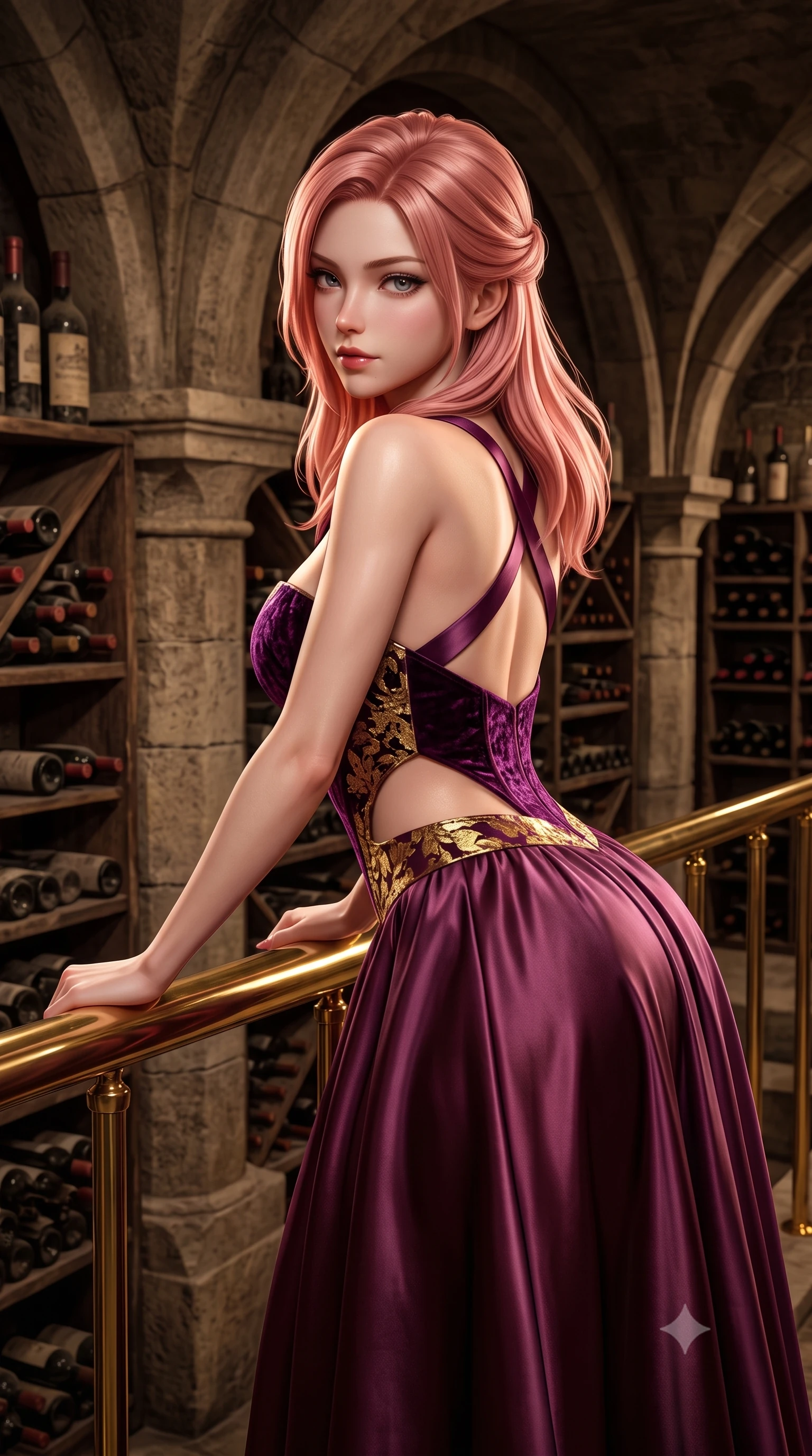 score_9, masterpiece, best quality, ultra-detailed, high-budget anime keyframe, semi-realistic 3D game render, editorial fashion photography, tasteful artistic composition, Japanese woman. close-up cowboy shot from the waist and thighs up, the character dominates the composition, filling the frame with her large presence. leaning forward against the polished railing with her hips cocked back, creating an intoxicating curve from her narrow waist to sculpted hips as she gazes back into the lens while standing poised between towering limestone arches and dusty vintage wine racks, twisting her torso in a deep contrapposto stance to display her feminine hourglass curves. The surrounding environment is rendered in vivid detail and crisp panoramic clarity. rich high-contrast French château chiaroscuro and decadent underground winery aesthetics rendered with precision. She has an exceptionally elegant, slender, and willowy female figure with an ultra-slim waist, a gracefully sculpted slender torso, toned flat midriff, and rounded feminine hips creating an alluring hourglass silhouette. sharp v-shaped jawline, high-bridge nose, intricate jewel-like eyes with depth, thick eyelashes, glossy parted lips with a natural sheen, intensely captivating and seductive bedroom-eyes expression, flawlessly proportioned anatomical accuracy, strict slender model proportions, natural body alignment, perfectly sculpted long slender limbs, ultra-slim waistline, clean dynamic posture without body distortion. wearing a deep sweetheart neckline crushed velvet corseted ballgown with an exposed midriff cutout in royal plum violet and shimmering gold leaf, tailored from ultra-smooth duchess satin with a pearlescent wine sheen, finished with criss-cross back satin straps highlighting her graceful shoulder blades, the liquid-tight tailored fabric clinging flawlessly to her narrow waist and rounded feminine hips, emphasizing every millimeter of her sculpted hourglass curves during movement. surrounded by an opulent, intimate, and dangerously intoxicating vintage wine empress aura. highly saturated vibrant anime colors, detailed shading with soft gradients, rich glossy textures, high-contrast stereoscopic depth, volumetric dynamic lighting, master piece, 9:16 ratio