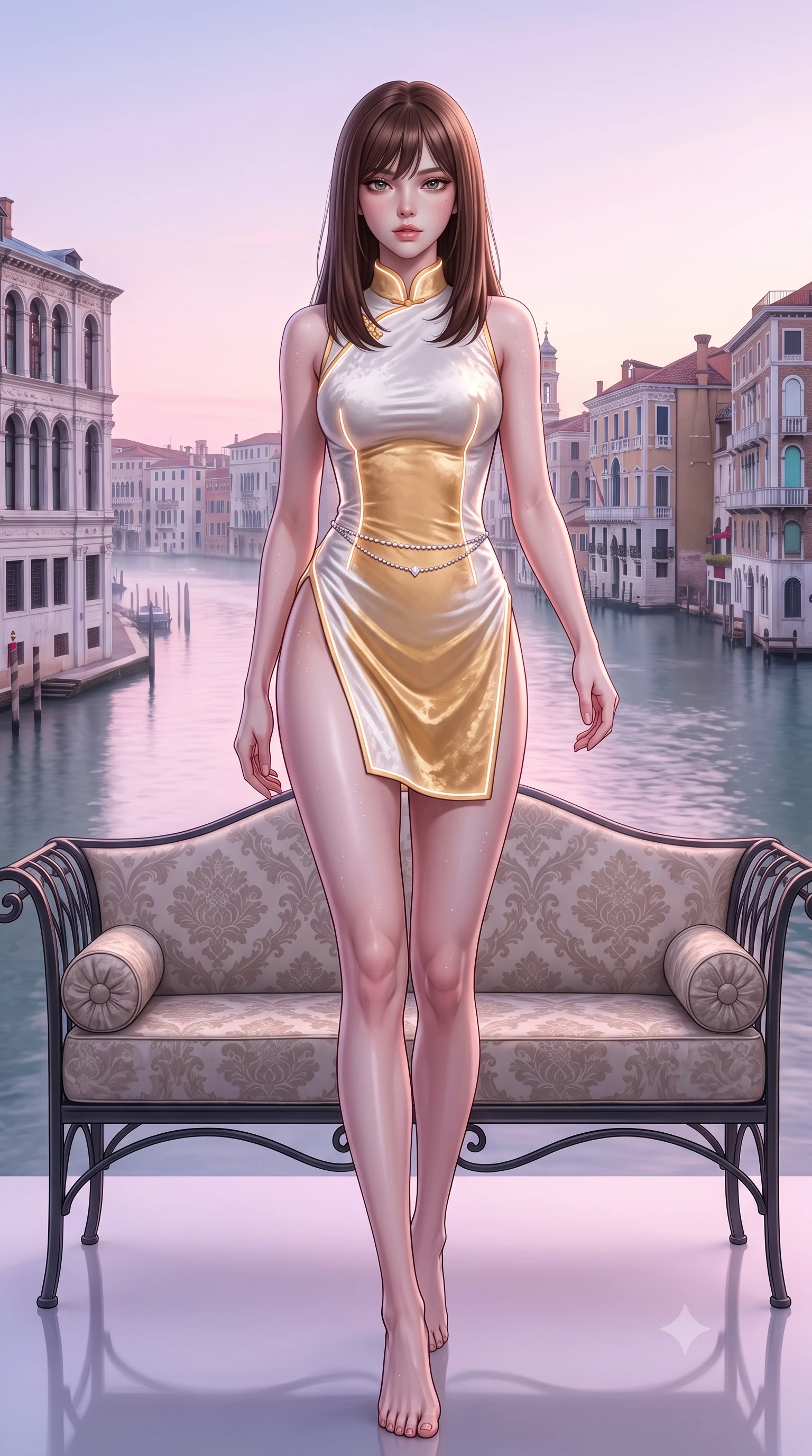 score_9, masterpiece, best quality, ultra-detailed, high-budget anime keyframe, semi-realistic 3D game render, editorial fashion photography, tasteful artistic composition, Korean woman. low angle full-body shot from head to toe showing her feet, filling the entire 9:16 vertical frame with her statuesque presence, stretching her vertical silhouette. striding forward in a proud supermodel runway stride, hips swaying in an alluring kinetic rhythm that accentuates her curvy hourglass silhouette while lounging languidly across a damask-upholstered wrought-iron settee, her flat midriff and feminine hips bathed in soft Venetian dawn light. The surrounding environment is rendered in vivid detail and crisp panoramic clarity. detailed lace gown drape folds, morning mist droplets on skin, and Grand Canal architectural clarity in high resolution. She has an exceptionally tall and slender model-like 8.5-heads proportion, an ultra-slim waist, a flat toned midriff, narrow delicate ribcage, and beautifully sculpted feminine hips creating a graceful, slim hourglass silhouette without any bulky heaviness, with impossibly long slender legs. sharp v-shaped jawline, high-bridge nose, intricate jewel-like eyes with depth, thick eyelashes, glossy parted lips with a natural sheen, intensely captivating and seductive bedroom-eyes expression, flawlessly proportioned anatomical accuracy, strict slender model proportions, natural body alignment, perfectly sculpted long slender limbs, ultra-slim waistline, clean dynamic posture without body distortion. wearing a modernized cyber-qipao mini dress with an ultra-high side slit ascending to the hip and glowing piping in pure alabaster white and sun-kissed gold, crafted from heavyweight crushed silk velvet with liquid vintage luster, accented with a dainty diamond waist chain catching the ambient light reflections, the form-contouring material adhering flawlessly to her sculpted flat midriff and slender torso, emphasizing her long leg lines and perfectly proportioned willowy build. bathed in luminous pastel dawn pink and violet light reflecting off misty canal waters. highly saturated vibrant anime colors, detailed shading with soft gradients, rich glossy textures, high-contrast stereoscopic depth, volumetric dynamic lighting, master piece, 9:16 ratio