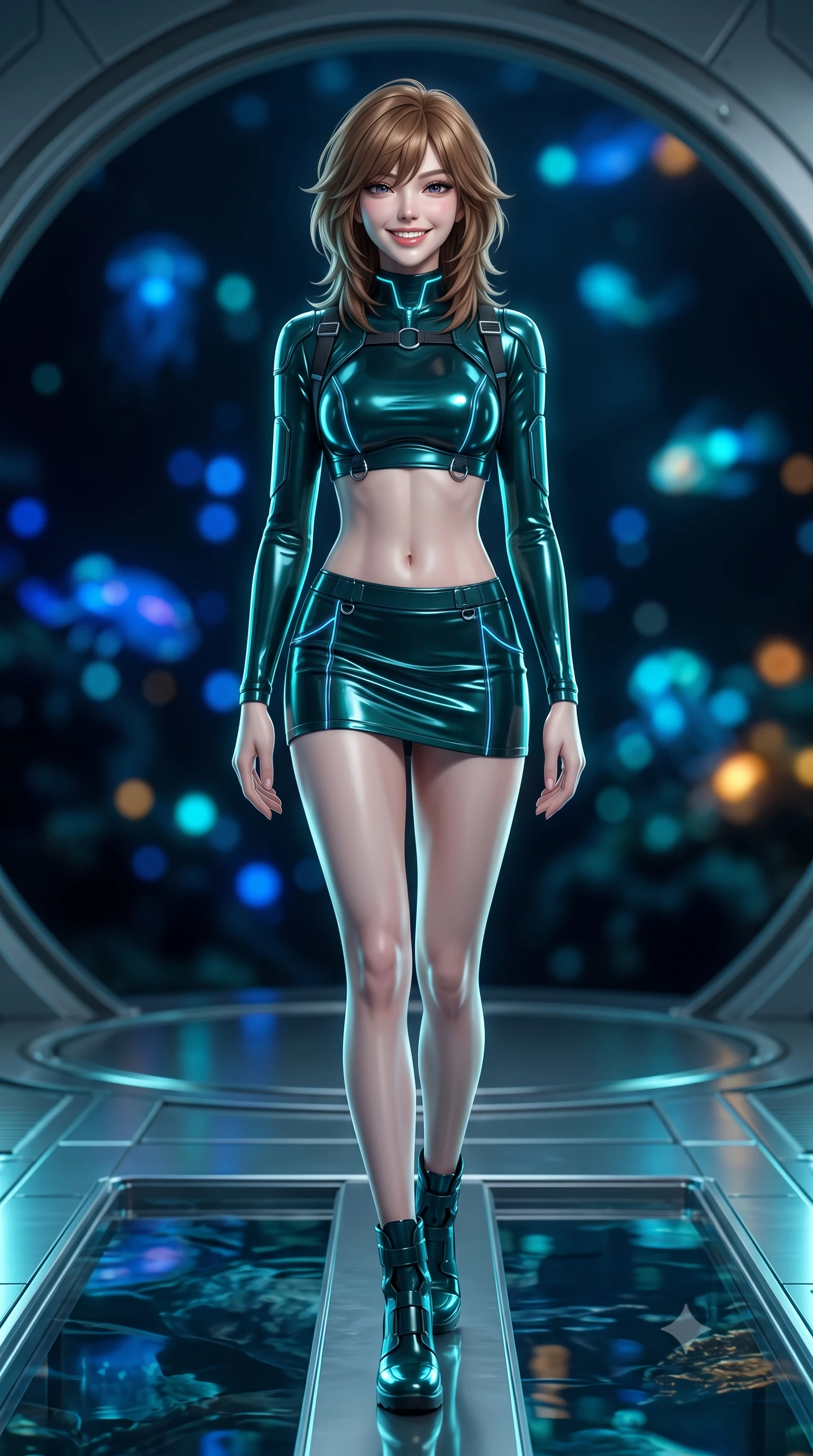score_9, masterpiece, best quality, ultra-detailed, high-budget anime keyframe, semi-realistic 3D game render, editorial fashion photography, tasteful artistic composition, Korean woman. low angle full-body shot from head to toe showing her feet, filling the entire 9:16 vertical frame with her statuesque presence, stretching her vertical silhouette. striding forward gracefully across the reflective metal deck in mid-motion with a radiant beaming smile, hips swaying in an alluring kinetic rhythm that accentuates her curvy hourglass silhouette and long slender legs while lounging gracefully on a circular observation seat surrounded by the deep ocean, her tight suit commanding the mysterious submerged world. The background shows a soft-focus pitch-black oceanic trench waters illuminated by pulsating sapphire and amber deep-sea creature lights blurred into cobalt, cyan, and black bokeh. She has an absolutely perfect, statuesque 8.5-heads proportion, an exceptionally tall and slender model-like female figure with impossibly long slender legs, an ultra-slim waist, a flat toned midriff, narrow delicate ribcage, and beautifully sculpted feminine hips creating a graceful, slim hourglass silhouette without any bulky heaviness. sharp v-shaped jawline, high-bridge nose, intricate jewel-like sparkling eyes with depth, thick eyelashes, glossy parted lips with a natural sheen, bright confident smile with an enchanting and coquettish sensual glint, exuding both youthful magnetic charm and sovereign high-tech allure, flawlessly proportioned anatomical accuracy, strict slender model proportions, natural body alignment, perfectly sculpted long slender limbs, ultra-slim waistline, clean dynamic posture without body distortion. wearing a modern mecha-suit two-piece set featuring a cropped armored bolero top and micro tactical skirt with chrome rings in dark emerald teal and ultraviolet glow lines, tailored from ultra-reflective glossy liquid vinyl with mirror-like specular highlights, finished with criss-cross Kevlar tactical straps tracing her graceful shoulder blades, the liquid-tight tailored fabric clinging flawlessly to her narrow waist and rounded feminine hips, emphasizing every millimeter of her sculpted slim hourglass curves without any bulky heaviness. illuminated by external submarine floodlights and sharp cyan rim lights carving her razor-sharp jawline, narrow waist, and curvy hips. highly saturated vibrant anime colors, detailed shading with soft gradients, rich glossy textures, high-contrast stereoscopic depth, volumetric dynamic lighting, master piece, 9:16 ratio