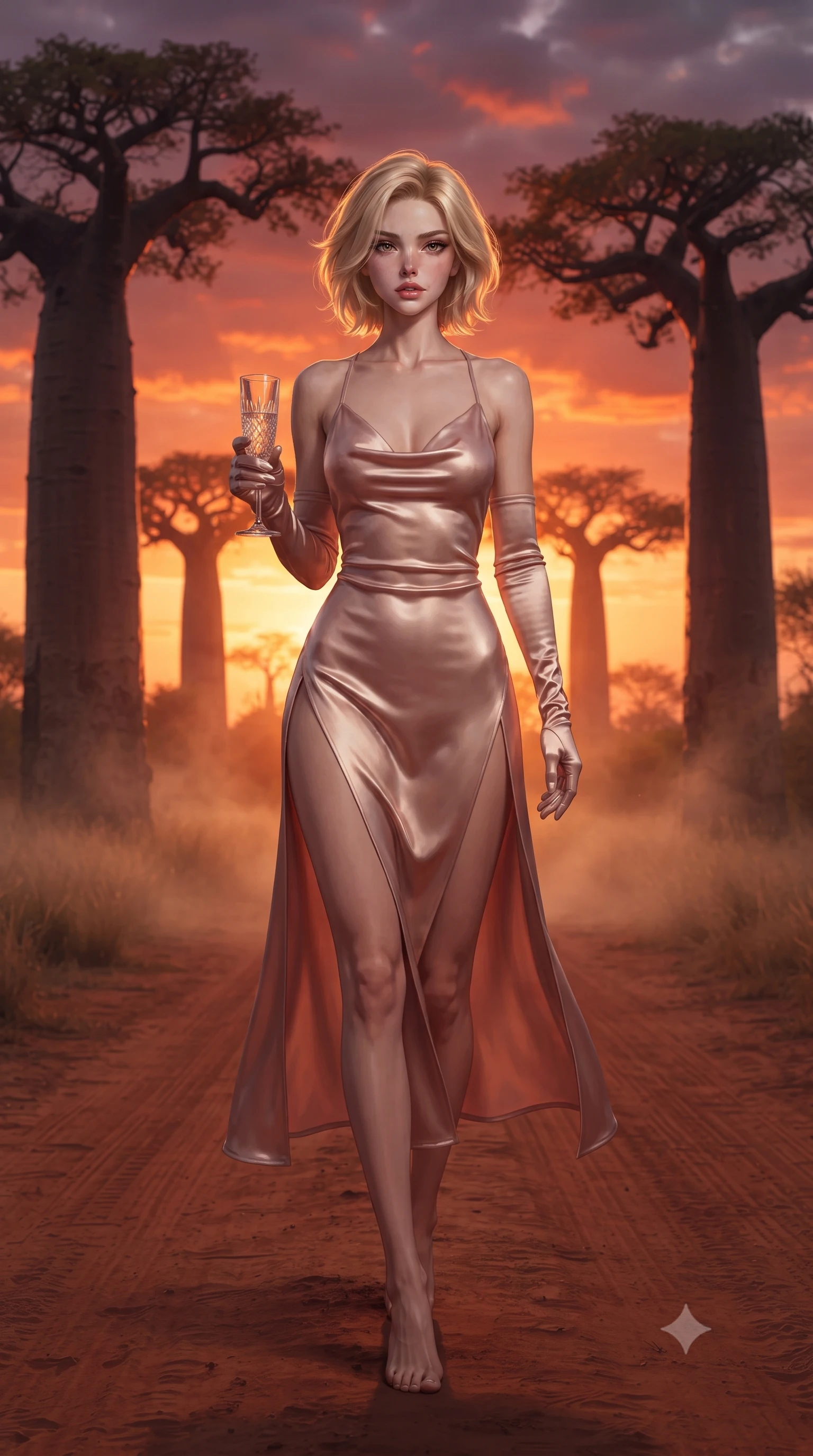 score_9, masterpiece, best quality, ultra-detailed, high-budget anime keyframe, editorial fashion photography, tasteful artistic composition, Caucasian woman. low angle full-body shot from head to toe showing her feet, filling the entire 9:16 vertical frame with her statuesque presence, stretching her vertical silhouette. reclining on her side in an elegant Cleopatra pose with one knee drawn up, the dramatic contour of her rounded hips and long slender legs commanding the 9:16 vertical frame while walking gracefully down the red-earth dirt road between colossal ancient baobab trees, arching her back as the burning African sunset silhouettes their crowns. The composition keeps background elements in soft focus with creamy bokeh. distant African savanna grasses and rising dust veils softened in mystical safari shallow focus. She has an exceptionally tall and slender model-like 8.5-heads proportion, an ultra-slim waist, a flat toned midriff, narrow delicate ribcage, and beautifully sculpted feminine hips creating a graceful, slim hourglass silhouette without any bulky heaviness, with impossibly long slender legs. sharp v-shaped jawline, high-bridge nose, intricate jewel-like eyes with depth, thick eyelashes, glossy parted lips with a natural sheen, intensely captivating and seductive bedroom-eyes expression, flawlessly proportioned anatomical accuracy, strict slender model proportions, natural body alignment, perfectly sculpted long slender limbs, ultra-slim waistline, clean dynamic posture without body distortion. wearing a backless cowl-neck satin slip dress featuring high-cut side hip slits and delicate criss-cross back straps in dusky blush rose and champagne shimmer, tailored from ultra-smooth duchess satin with a pearlescent sheen, accessorized with opera-length satin gloves and a vintage crystal glass, the form-contouring material adhering flawlessly to her sculpted flat midriff and slender torso, emphasizing her long leg lines and perfectly proportioned willowy build. illuminated by warm red-earth surface bounce light sharply defining her sculpted collarbones, ultra-slim waist, and curvy hips. ultra-reflective glossy finish, specular highlights, rich textural contrasts, high-contrast stereoscopic depth, volumetric dynamic lighting, 2k, ultra detail, master piece, 9:16 ratio