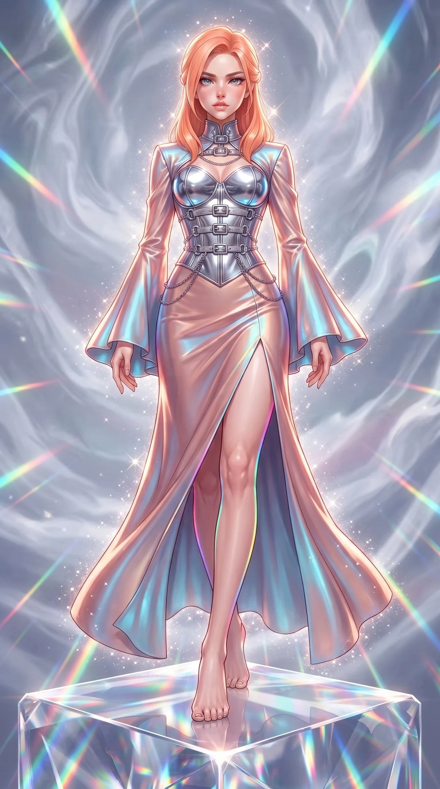 score_9, masterpiece, best quality, ultra-detailed, high-budget anime keyframe, editorial fashion photography, tasteful artistic composition, Japanese woman. low angle full-body shot from head to toe showing her feet, filling the entire 9:16 vertical frame with her statuesque presence, stretching her vertical silhouette. forging confidently through the floating crystal mist, holding a poised statuesque stance, poised on a crystalline pedestal reflecting infinite rainbow light trails, razor-sharp rainbow light lines tracing her silhouette contours. She has an absolutely perfect, statuesque 8.5-heads proportion, an exceptionally tall and slender model-like female figure with impossibly long slender legs and an ultra-slim waist. sharp v-shaped jawline, high-bridge nose, intricate jewel-like eyes with depth, thick eyelashes, glossy lips with a natural sheen. wearing gothic high-collar rose-gold silk evening gown with long bell sleeves in sky blue turquoise, made of sculpted platinum chrome, framed by polished silver buckles and delicate chain details, following her slender form with tailored precision. surrounded by a sparkling diamond dust rim light aura. highly saturated vibrant anime colors, detailed shading with soft gradients, rich glossy textures, high-contrast stereoscopic depth, volumetric dynamic lighting, master piece, 9:16 ratio