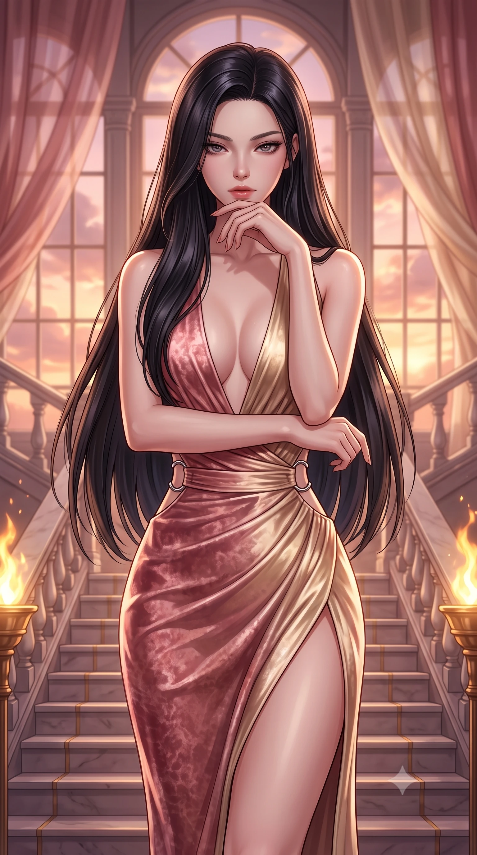 score_9, masterpiece, best quality, ultra-detailed, high-budget anime keyframe, editorial fashion photography, tasteful artistic composition, Korean woman. close-up cowboy shot from the waist and thighs up, the character dominates the composition, filling the frame with her large presence, background elements kept in soft focus. Resting her chin on the backs of her fingers, casting a sharp, mysterious gaze descending a grand marble staircase flanked by golden torch flames at dusk, translucent silk curtains drifting lazily in a warm sky breeze. She has an exceptionally elegant, slender, and willowy female figure with an ultra-slim waist, a gracefully sculpted slender torso, and a refined silhouette. sharp v-shaped jawline, high-bridge nose, intricate jewel-like eyes with depth, thick eyelashes, glossy lips with a natural sheen. wearing a backless crushed velvet gown with a deep V-neckline and high thigh slit in dusty rose and champagne gold, crafted from smooth liquid silk, accented with delicate chrome ring hardware framing her waist, the tailored fabric tightly following every curve of her athletic build. bathed in glorious golden hour sunbeams and warm rose-gold ambient light. highly saturated vibrant anime colors, detailed shading with soft gradients, rich glossy textures, high-contrast stereoscopic depth, volumetric dynamic lighting, master piece, 9:16 ratio