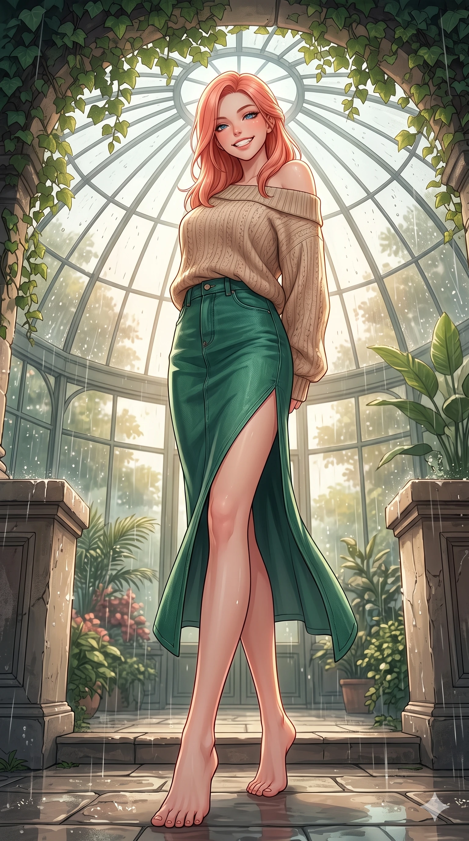 score_9, masterpiece, best quality, ultra-detailed, high-budget anime keyframe, vibrant anime aesthetic, Japanese woman. low angle full-body shot from head to toe showing her feet, filling the entire 9:16 vertical frame with her statuesque presence, stretching her vertical silhouette. She is posing with a bright, energetic grin, her eyes glowing with energy, with her eyes bright and full of life under the glass conservatory dome. on a stone terrace of a classic villa under a leafy ivy canopy, during a warm summer rain shower (Code-P22-052). She has an absolutely perfect 8-heads proportion, an exceptionally tall and slender female figure with impossibly long slender legs and an ultra-slim waist. V-shaped jawline, high-bridge nose, intricate jewel-like eyes with depth, thick eyelashes, glossy lips with a natural sheen. wearing an off-shoulder oversized sweater paired with a refined side vent denim skirt in emerald green. She is drenched in soft, diffused light of a rainy afternoon, creating clean outlines, accentuating her slender silhouette in the cozy indoor garden. 2k, ultra detail, master piece, 9:16 ratio