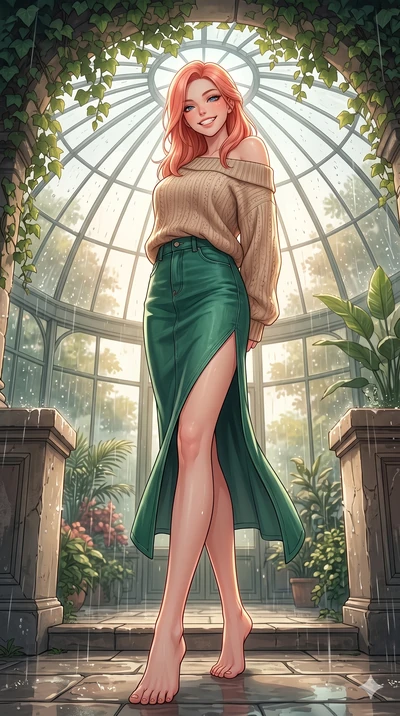 score_9, masterpiece, best quality, ultra-detailed, high-budget anime keyframe, vibrant anime aesthetic, Japanese woman. low angle full-body shot from head to toe showing her feet, filling the entire 9:16 vertical frame with her statuesque presence, 