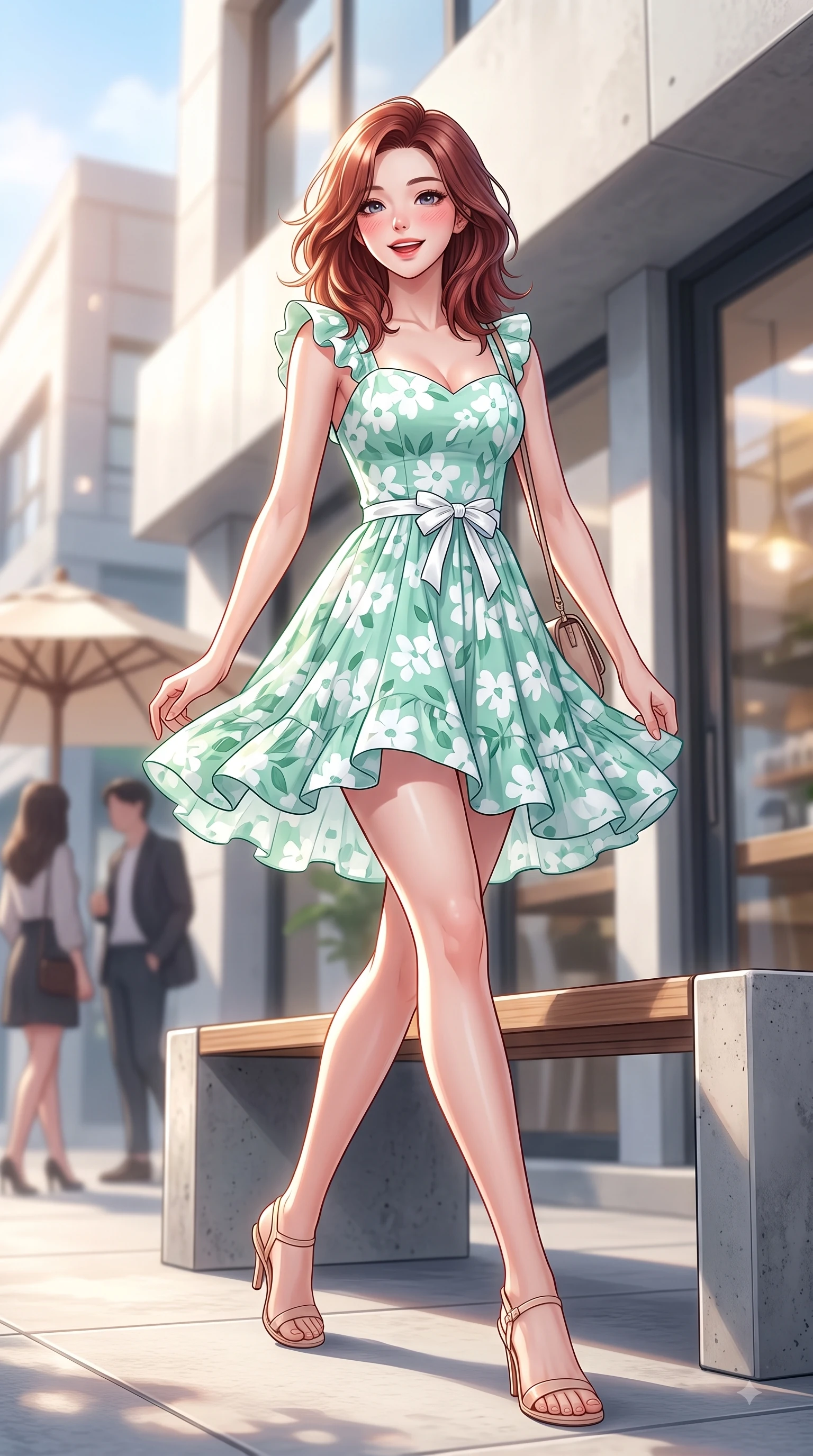score_9, masterpiece, best quality, ultra-detailed, high-budget anime keyframe, editorial fashion photography, tasteful artistic composition, Korean woman. low angle full-body shot from head to toe showing her feet, filling the entire 9:16 vertical frame with her statuesque presence, stretching her vertical silhouette. stepping forward gracefully in mid-motion with a delighted cute expression, displaying her statuesque model proportions while resting on a sleek modern outdoor bench outside a trendy dessert cafe with a joyful expression. The composition keeps background elements in soft focus with dreamy bokeh. sunlit urban architecture and stylish passersby blurred seamlessly in the background. She has an absolutely perfect, statuesque 8.5-heads proportion, an exceptionally tall and slender model-like female figure with impossibly long slender legs and an ultra-slim waist. sharp v-shaped jawline, high-bridge nose, intricate jewel-like eyes with depth, thick eyelashes, glossy lips with a natural sheen, flawlessly proportioned anatomical accuracy, natural body alignment, perfectly sculpted elegant limbs, clean dynamic posture without body distortion. wearing a bright floral print ruffle sundress with a gentle sweetheart neckline in refreshing mint green and crisp white, made of comfortable premium stretch denim and soft jersey, accented with a dainty waist ribbon bow, the breezy lightweight fabric fluttering softly against her delicate frame. illuminated by crisp clear afternoon key light and vibrant street highlights. highly saturated vibrant anime colors, detailed shading with soft gradients, rich glossy textures, high-contrast stereoscopic depth, volumetric dynamic lighting, master piece, 9:16 ratio