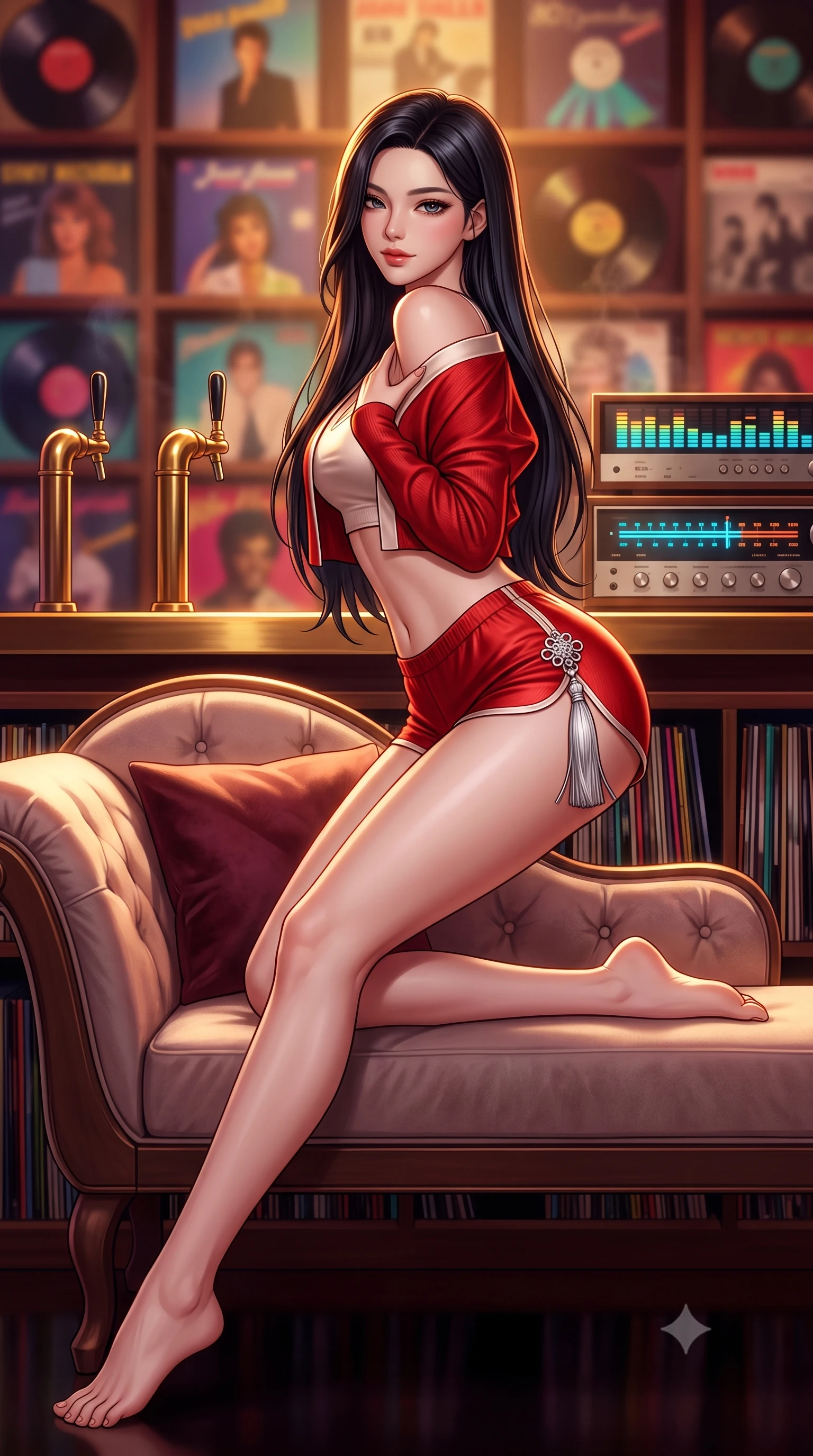 score_9, masterpiece, best quality, ultra-detailed, high-budget anime keyframe, semi-realistic 3D game render, editorial fashion photography, tasteful artistic composition, Korean woman. low angle full-body shot from head to toe showing her feet, filling the entire 9:16 vertical frame with her statuesque presence, stretching her vertical silhouette. reclining gracefully across the plush chaise lounge with one leg extended, her sculpted silhouette and flat midriff radiating magnetic nocturnal glamour while standing poised between floor-to-ceiling vinyl shelves with hips cocked back, looking over a bare shoulder with an irresistible bedroom-gaze. The background shows a soft-focus walls of colorful 80s vinyl album covers, brass bar taps, and glowing analog stereo equalizer displays blurred into ruby, brass, and smoky amber bokeh. She has an absolutely perfect, statuesque 8.5-heads proportion, an exceptionally tall and slender model-like female figure with impossibly long slender legs, an ultra-slim waist, a flat toned midriff, narrow delicate ribcage, and beautifully sculpted feminine hips creating a graceful, slim hourglass silhouette without any bulky heaviness. sharp v-shaped jawline, high-bridge nose, sparkling eyes with hypnotic seductive depth, thick curled eyelashes, glossy parted lips with a natural dewy peach sheen, alluring bedroom-eyes with an enchanting coquettish smile, exuding magnetic siren charisma and sophisticated glamour, flawlessly proportioned anatomical accuracy, strict slender model proportions, natural body alignment, perfectly sculpted long slender limbs, ultra-slim waistline, clean dynamic posture without body distortion. wearing a modern two-piece royal silk loungewear set featuring an open-front short bolero and form-fitting silk hot-pants in royal vermilion crimson and pale ivory silk, tailored from fine ribbed modal knit with gentle elastic contouring and soft hand-feel, accented with an intricate silver norigae tassel swaying gracefully along her curving hip line, the form-contouring silhouette accentuating her sculpted flat midriff, narrow delicate ribcage, and gracefully curvy hips with intoxicating allure. illuminated by polished bar counter bounce and sharp amber rim lighting sculpting her jawline, narrow waist, and curvy hips. highly saturated vibrant anime colors, detailed shading with soft gradients, rich glossy textures, high-contrast stereoscopic depth, volumetric dynamic lighting, master piece, 9:16 ratio