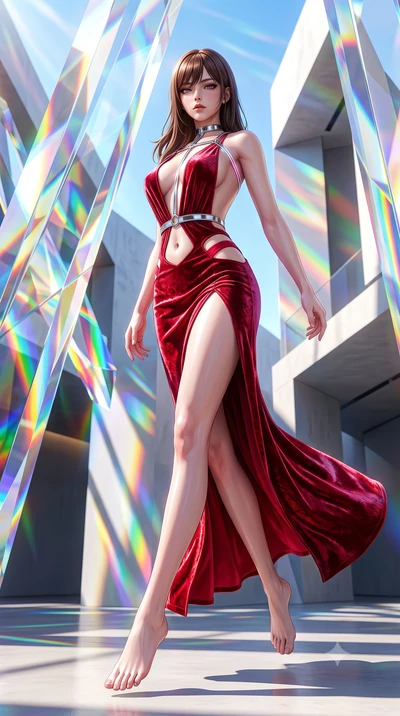 score_9, masterpiece, best quality, ultra-detailed, high-budget anime keyframe, semi-realistic 3D game render, editorial fashion photography, tasteful artistic composition, Korean woman. low angle full-body shot from head to toe showing her feet, fil