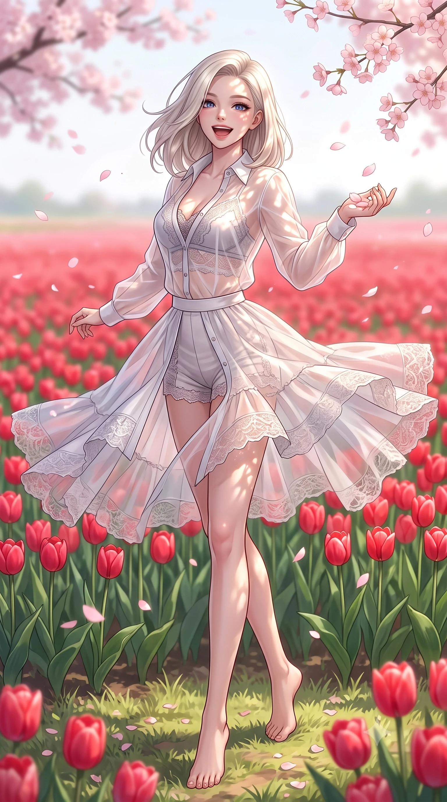 score_9, masterpiece, best quality, ultra-detailed, high-budget anime keyframe, editorial fashion photography, tasteful artistic composition, Caucasian woman. low angle full-body shot from head to toe showing her feet, filling the entire 9:16 vertical frame with her statuesque presence, stretching her vertical silhouette. twirling around with a playful, cute laugh, her skirt billowing beautifully in the air set against a soft-focus background of in a bright field of red tulips stretching to the horizon catching falling pink cherry blossom petals with a delighted look. She has an absolutely perfect, statuesque 8.5-heads proportion, an exceptionally tall and slender model-like female figure with impossibly long slender legs and an ultra-slim waist. sharp v-shaped jawline, high-bridge nose, intricate jewel-like eyes with depth, thick eyelashes, glossy lips with a natural sheen. wearing form-contouring sheer organza button-up shirt worn over a lace-accented crop top and high-waist mini shorts. dappled sunlight filtering through the cherry blossom branches onto her face. highly saturated vibrant anime colors, detailed shading with soft gradients, rich glossy textures, high-contrast stereoscopic depth, volumetric dynamic lighting, master piece, 9:16 ratio