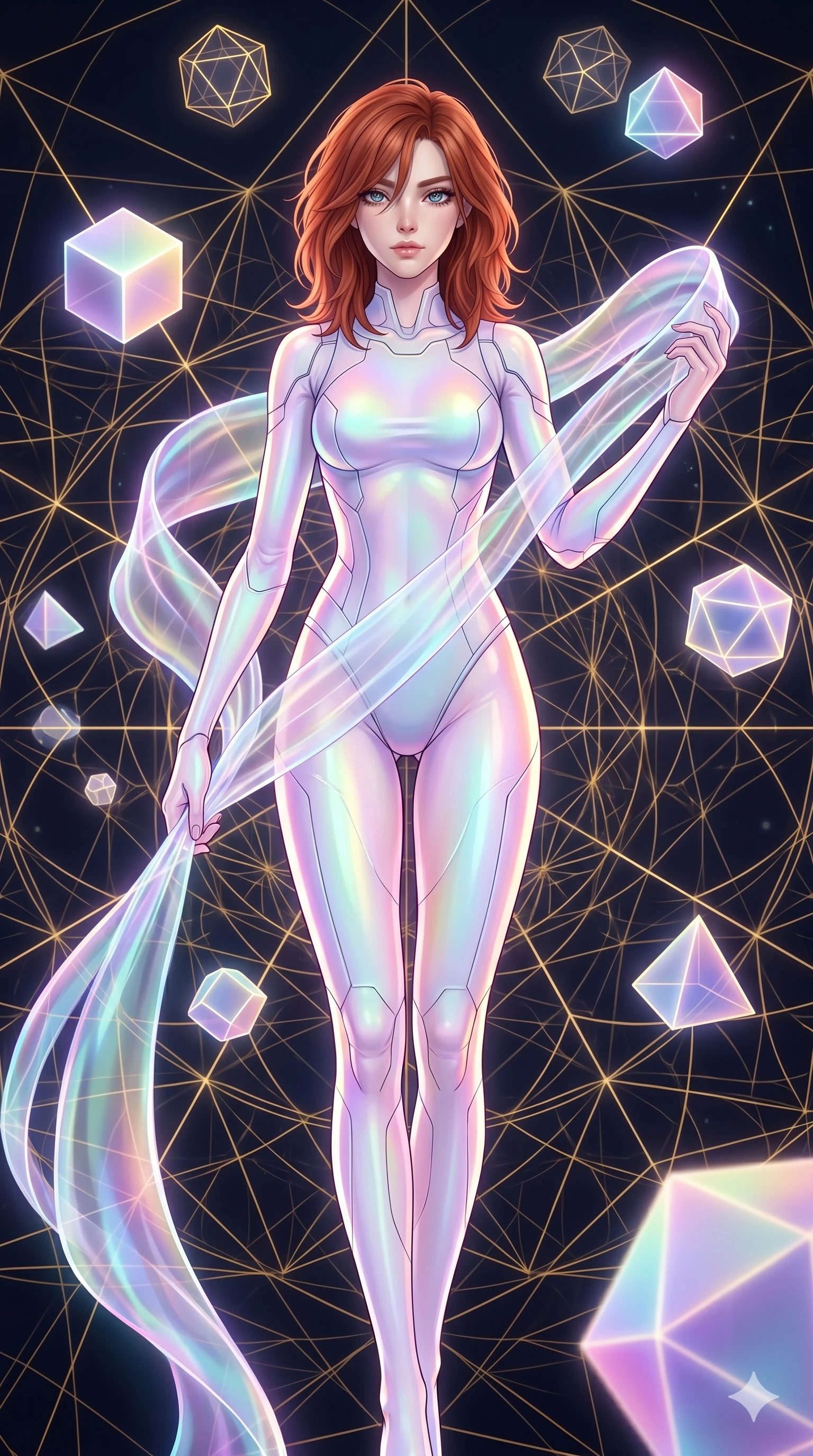 score_9, masterpiece, best quality, ultra-detailed, high-budget anime keyframe, Caucasian woman, strictly human ears. upper body close-up from the thighs up, character filling the screen for maximum presence. floating gracefully in a mathematical mandala void filled with golden geometric lines of complex formulas, holding a translucent ribbon as she glides between floating regular polyhedrons. She has an absolutely perfect 8-heads proportion, an exceptionally tall and slender female figure with impossibly long slender legs and an ultra-slim waist. V-shaped jawline, high-bridge nose, intricate jewel-like eyes with depth, thick eyelashes, glossy lips with a natural sheen.. wearing a cybernetic bodysuit with a holographic ribbon, featuring a skin-tight contouring bodysuit wrapped in a translucent flowing holographic organza ribbon. enhanced by a luminous pastel spectrum glow, casting elegant rim lights on her shoulders and jawline. 2k, ultra detail, master piece, 9:16 ratio