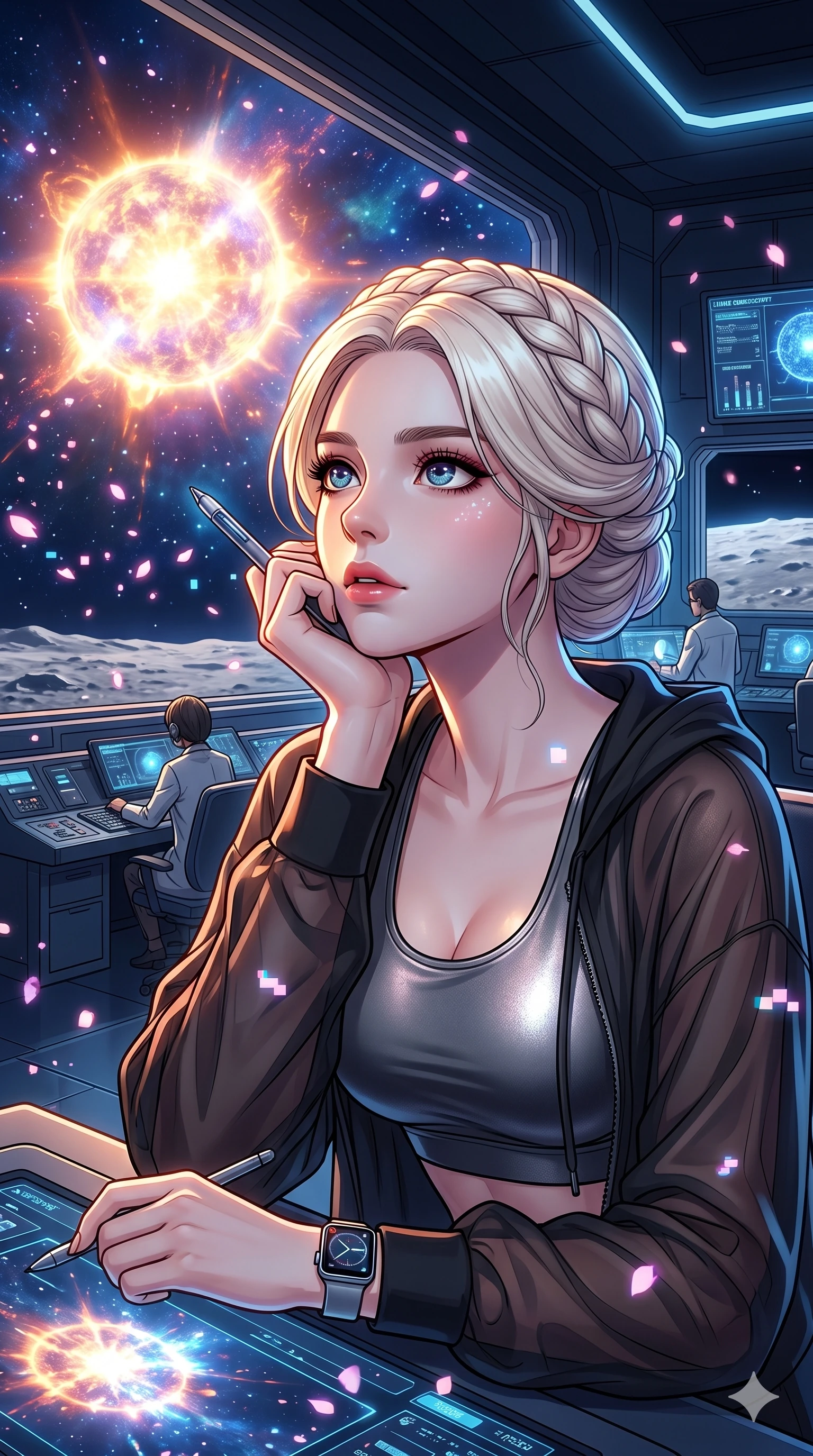 score_9, masterpiece, best quality, ultra-detailed, high-budget anime movie keyframe, cinematic anime lighting, intricate line art, Korean woman. Upper body filling screen focusing on her alluring features and slim-fit silhouette. observing a supernova in a lunar observatory with digital sakura petals. She has an absolutely perfect 8-heads proportion, an exceptionally tall and slender female figure with an ultra-slim waist and impossibly long slender legs. sharp v-shaped jawline, high-bridge nose, intricate jewel-like eyes, thick eyelashes, glossy lips. Wearing premium athleisure set with a metallic-finish compression top, high-cut yoga shorts that accentuate her long legs, and a sheer oversized hoodie. The scene is illuminated by dramatic atmospheric lighting and vibrant color palettes. , 2k, ultra detail, master piece, 9:16 ratio