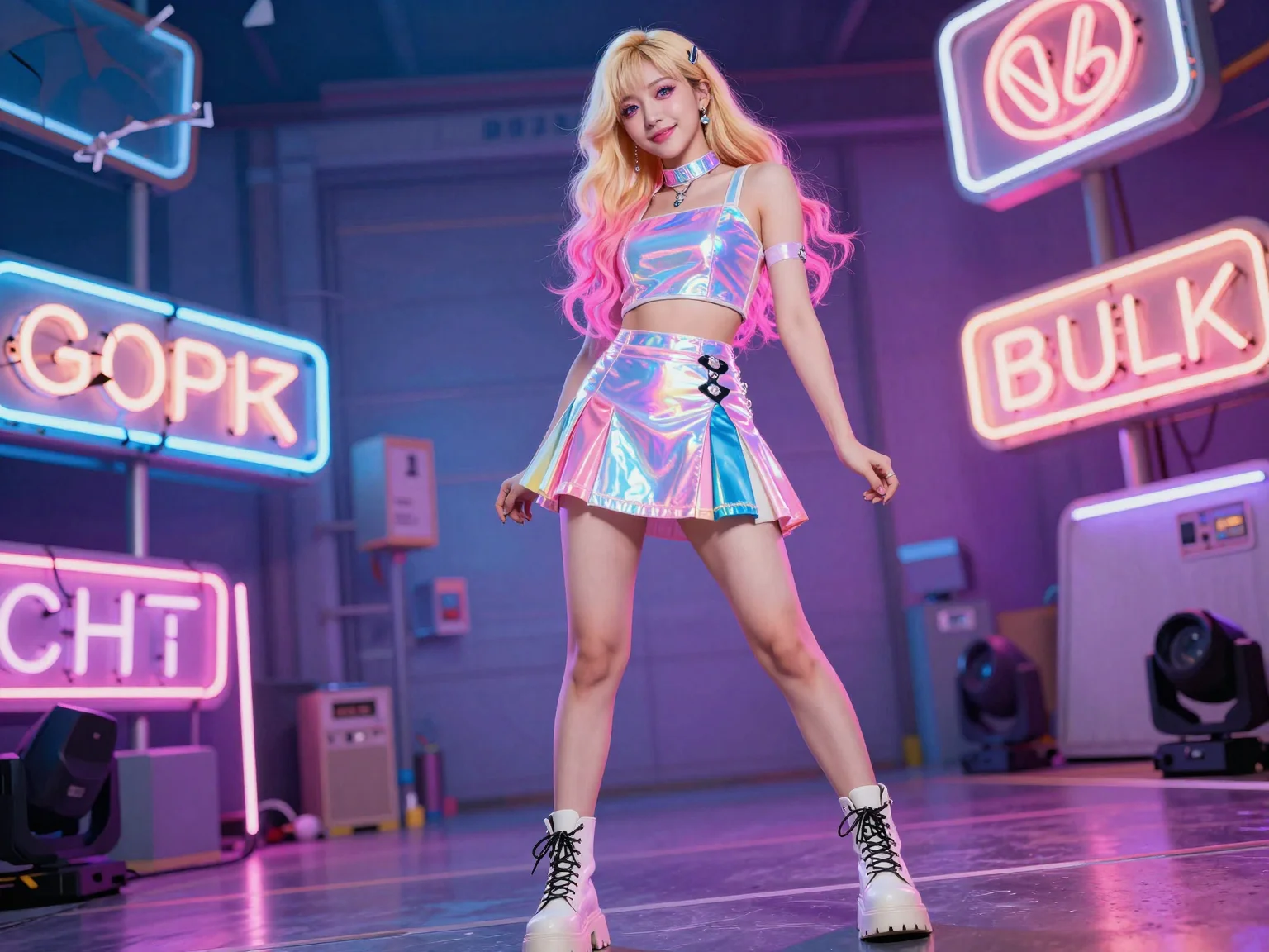 A vibrant female idol, 175 cm tall, with blonde hair with pink tips and emphasized eye color. Her outfit is a modern stage look, featuring a holographic crop top, mini skirt, and chunky boots against a background of warped neon signs.