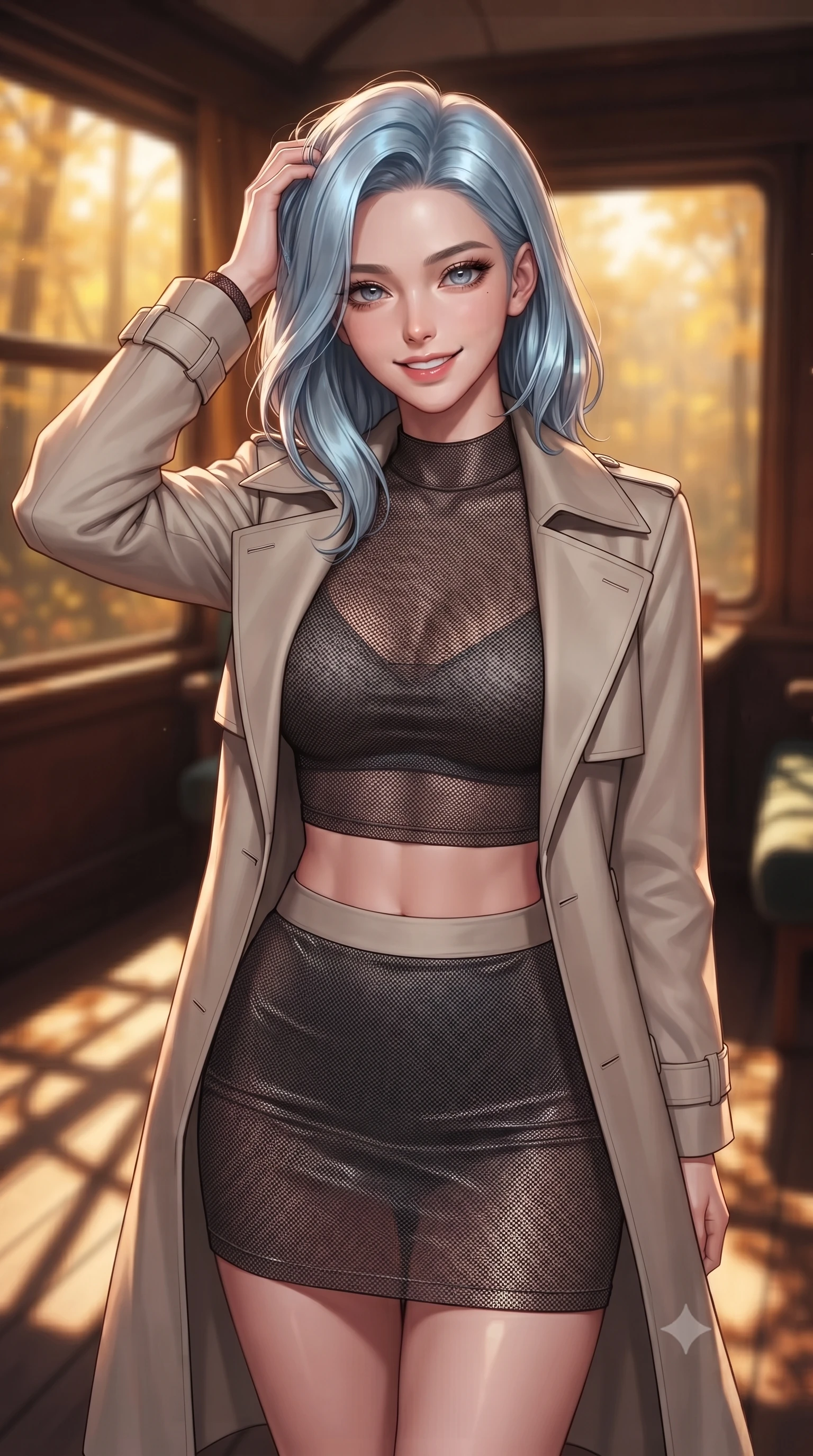 score_9, masterpiece, best quality, ultra-detailed, high-budget anime keyframe, editorial fashion photography, tasteful artistic composition, Korean woman. close-up cowboy shot from the waist and thighs up, the character dominates the composition, filling the frame with her large presence, background elements kept in soft focus. smiling with quiet, magnetic self-assurance directly into the camera, running a hand through her hair the background shows a soft-focus a train cabin corner during autumn, looking at golden forests in soft focus. She has an exceptionally elegant, slender, and willowy female figure with an ultra-slim waist, a gracefully sculpted slender torso, and a refined silhouette. sharp v-shaped jawline, high-bridge nose, intricate jewel-like eyes with depth, thick eyelashes, glossy lips with a natural sheen. wearing a body-hugging semi-opaque dark mesh crop top paired with a mini skirt, layered with a tailored light trench coat. warm late afternoon sunrays casting long wooden frame shadows on the floor. ultra-reflective glossy finish, specular highlights, metallic sheen, high-contrast stereoscopic depth, volumetric dynamic lighting, 2k, ultra detail, master piece, 9:16 ratio