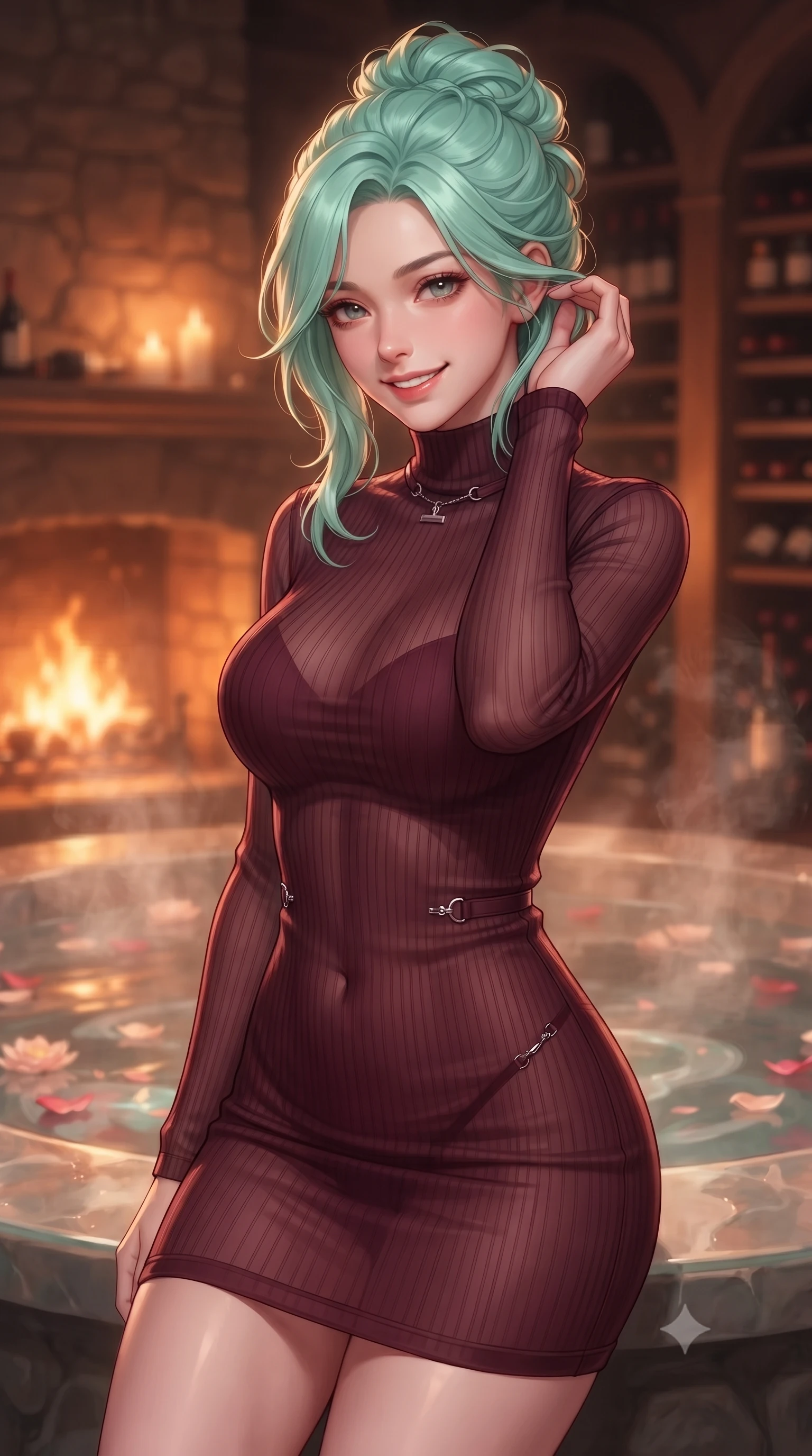 score_9, masterpiece, best quality, ultra-detailed, high-budget anime keyframe, editorial fashion photography, tasteful artistic composition, Japanese woman. close-up cowboy shot from the waist and thighs up, the character dominates the composition, filling the frame with her large presence, background elements kept in soft focus. flashing a warm, intoxicating grin while gently tucking a strand of hair behind her ear set against a soft-focus background of inside an exclusive wine cellar alcove with rising mineral steam and floating flower petals on the clear water surface. She has an exceptionally elegant, slender, and willowy female figure with an ultra-slim waist, a gracefully sculpted slender torso, and a refined silhouette. sharp v-shaped jawline, high-bridge nose, intricate jewel-like eyes with depth, thick eyelashes, glossy lips with a natural sheen. wearing slim-fit deep burgundy sheer organza form-fitting ribbed knit turtleneck dress outlining her slender silhouette accented with delicate silver hardware. bathed in cozy, flickering fireplace light that paints the room in a warm orange wash. ultra-reflective glossy finish, specular highlights, metallic sheen, high-contrast stereoscopic depth, volumetric dynamic lighting, 2k, ultra detail, master piece, 9:16 ratio