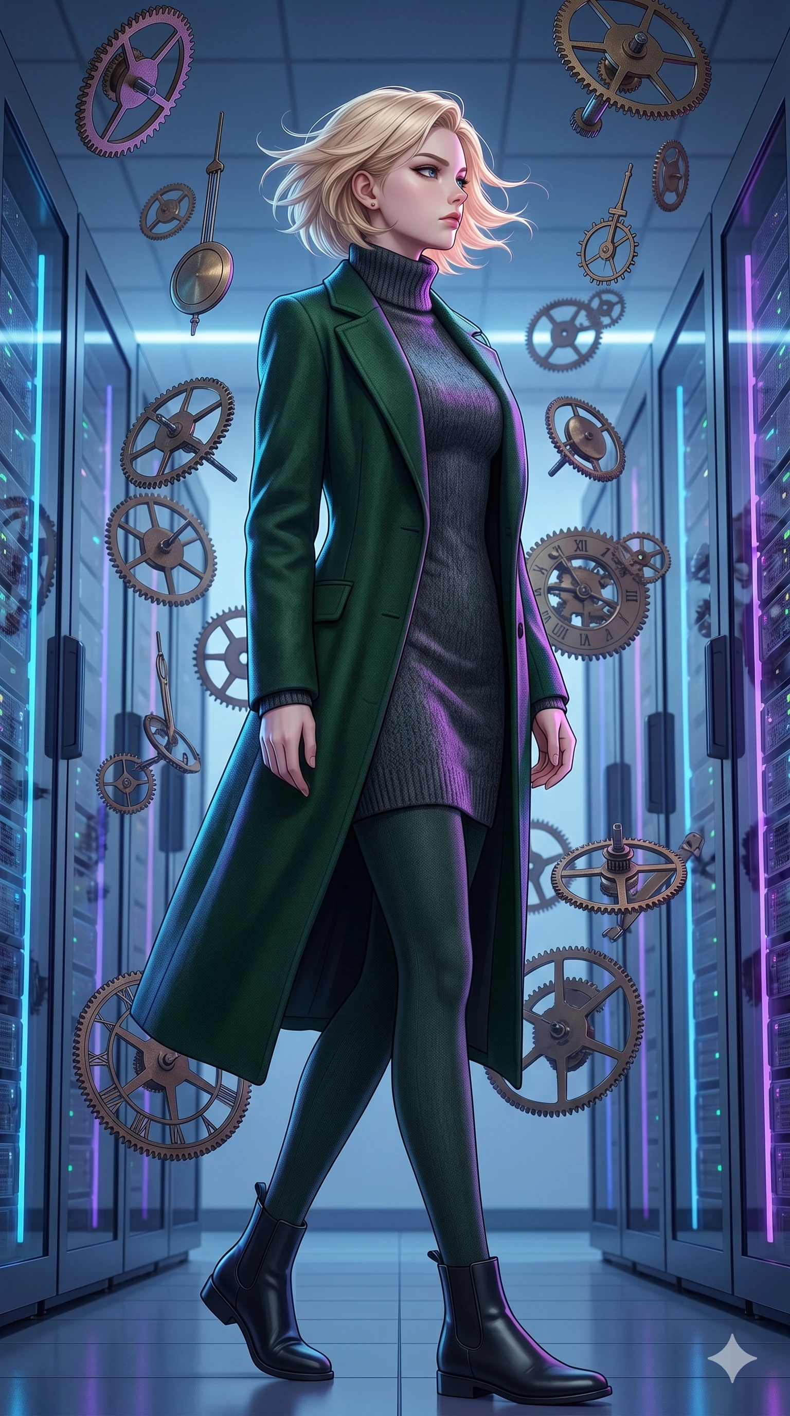 score_9, masterpiece, best quality, ultra-detailed, high-budget anime keyframe, editorial fashion photography, tasteful artistic composition, Caucasian woman, strictly human ears. low angle full-body shot from head to toe showing her feet, filling the entire 9:16 vertical frame with her statuesque presence, stretching her vertical silhouette. standing tall, her face turned in profile to catch the wind, with a composed expression inside a temporal chamber filled with floating antique clock parts (Code-P18-036). She has an absolutely perfect 8-heads proportion, an exceptionally tall and slender female figure with impossibly long slender legs and an ultra-slim waist. V-shaped jawline, high-bridge nose, intricate jewel-like eyes with depth, thick eyelashes, glossy lips with a natural sheen. wearing a cozy high-neck turtleneck dress under a long tailored wool coat. neon blue and violet light from the servers casting sharp specular highlights on her outfit. 2k, ultra detail, master piece, 9:16 ratio
