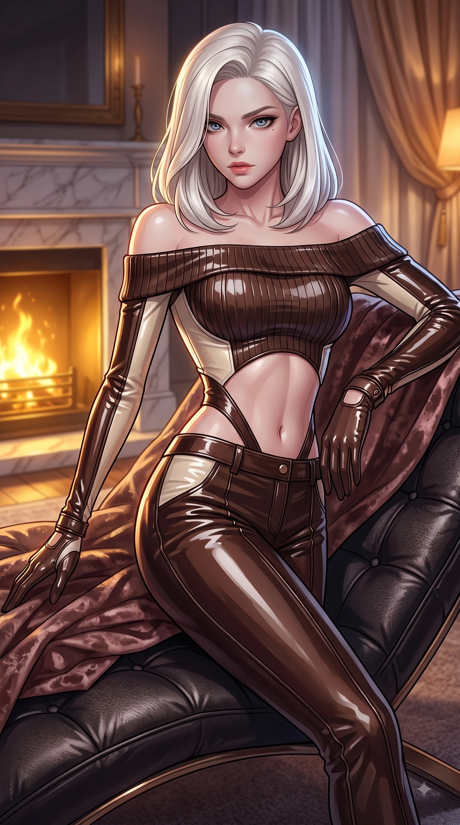 score_9, masterpiece, best quality, ultra-detailed, high-budget anime keyframe, editorial fashion photography, tasteful artistic composition, Caucasian woman. close-up cowboy shot from the waist and thighs up, the character dominates the composition, filling the frame with her large presence, background elements kept in soft focus. Gazing past the lens with smoldering intensity as her torso curves dynamically in mid-stride while resting on a leather lounge chair by a marble fireplace as soft golden hearth embers highlight her slender torso, crushed velvet sheets and silk drapery catching warm amber ambient lamp highlights. She has an exceptionally elegant, slender, and willowy female figure with an ultra-slim waist, a gracefully sculpted slender torso, and a refined silhouette. sharp v-shaped jawline, high-bridge nose, intricate jewel-like eyes with depth, thick eyelashes, glossy lips with a natural sheen, flawlessly proportioned anatomical accuracy, natural body alignment, perfectly sculpted elegant limbs, clean dynamic posture without body distortion. wearing a sleek off-shoulder ribbed knit top paired with high-waist tailored pants in espresso brown and warm cream, tailored from high-gloss patent leather, featuring subtle geometric cutouts that highlight her ultra-slim midriff, the glove-like fit emphasizing her statuesque silhouette during motion. bathed in warm luxury ambient lighting and soft silver moonlight tracing every curve. highly saturated vibrant anime colors, detailed shading with soft gradients, rich glossy textures, high-contrast stereoscopic depth, volumetric dynamic lighting, master piece, 9:16 ratio