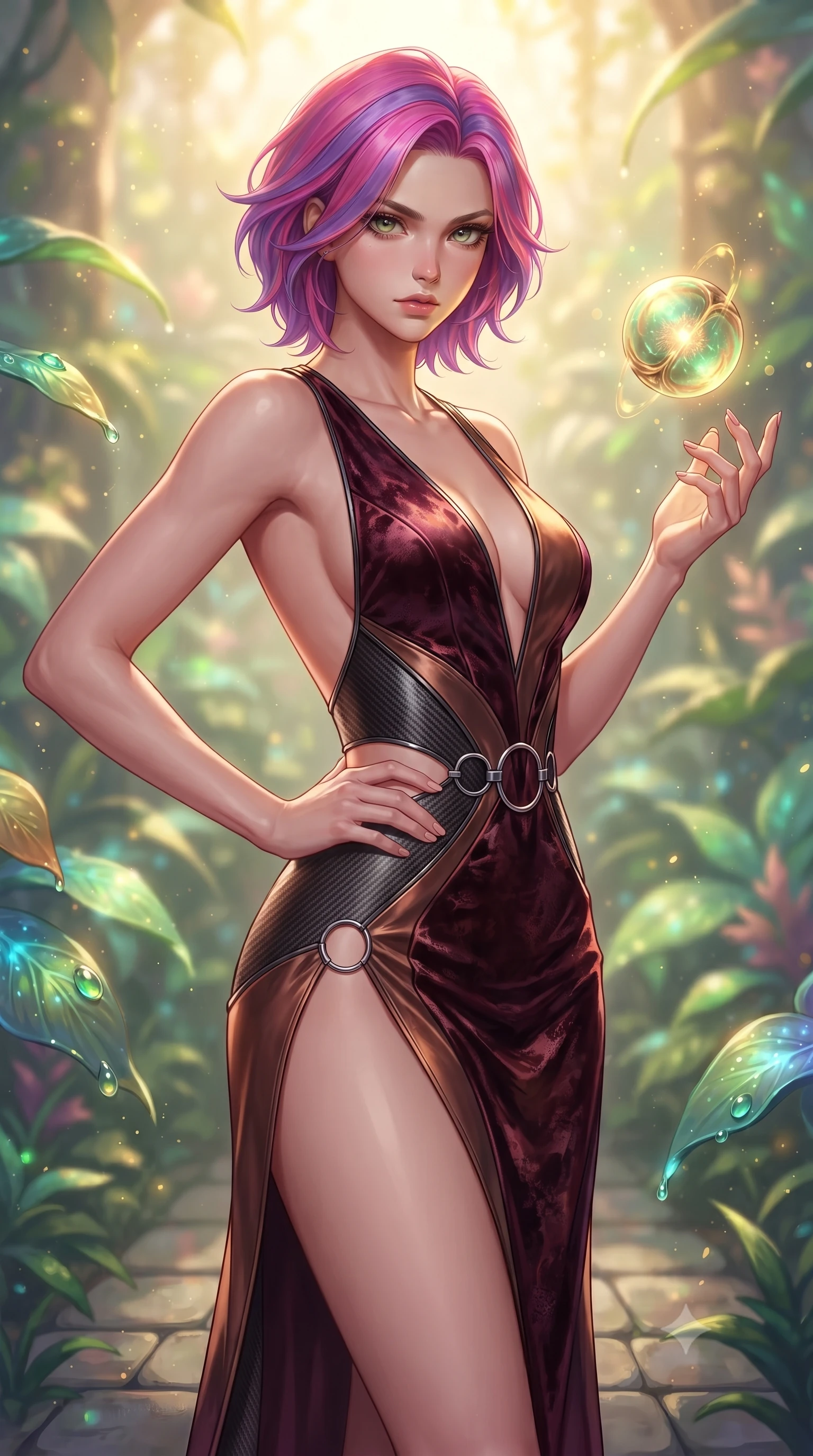 score_9, masterpiece, best quality, ultra-detailed, high-budget anime keyframe, editorial fashion photography, tasteful artistic composition, Caucasian woman. close-up cowboy shot from the waist and thighs up, the character dominates the composition, filling the frame with her large presence, background elements kept in soft focus. Holding a confident power pose with one hand on her hip, gazing directly into the camera with quiet intensity interacting with a floating biomorphic pollen orb in a sunlit sanctuary, dewdrops on bioluminescent leaves reflecting vibrant emerald and gold. She has an exceptionally elegant, slender, and willowy female figure with an ultra-slim waist, a gracefully sculpted slender torso, and a refined silhouette. sharp v-shaped jawline, high-bridge nose, intricate jewel-like eyes with depth, thick eyelashes, glossy lips with a natural sheen. wearing a backless crushed velvet gown with a deep V-neckline and high thigh slit in deep burgundy and bronze, made of fine carbon-fiber weave and soft matte leather, accented with delicate chrome ring hardware framing her waist, the sleek second-skin texture accentuating her magnetic presence. bathed in warm golden sunlight and soft emerald bioluminescent glow. highly saturated vibrant anime colors, detailed shading with soft gradients, rich glossy textures, high-contrast stereoscopic depth, volumetric dynamic lighting, master piece, 9:16 ratio