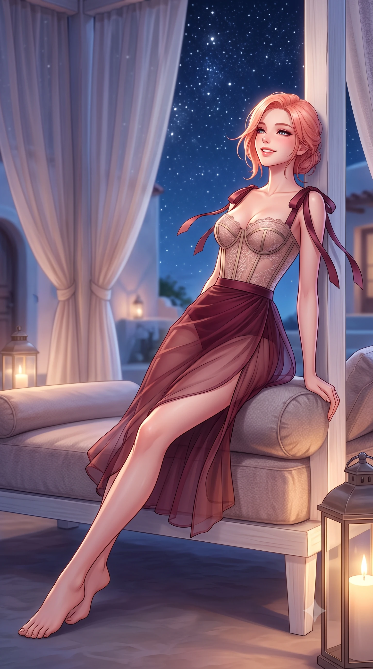 score_9, masterpiece, best quality, ultra-detailed, high-budget anime keyframe, semi-realistic 3D game render, editorial fashion photography, tasteful artistic composition, Japanese woman. low angle full-body shot from head to toe showing her feet, filling the entire 9:16 vertical frame with her statuesque presence, stretching her vertical silhouette. reclining gracefully across the plush chaise lounge with one leg extended, her sculpted silhouette and flat midriff radiating magnetic nocturnal glamour while leaning against the whitewashed canopy post with hips cocked back, looking into the vast starry sky with heavy-lidded bedroom-eyes. The background shows a soft-focus billowing sheer linen draperies softened in ethereal Mediterranean heaven retreat shallow focus. She has an exceptionally tall and slender model-like 8.5-heads proportion, an ultra-slim waist, a flat toned midriff, narrow delicate ribcage, and beautifully sculpted feminine hips creating a graceful, slim hourglass silhouette without any bulky heaviness, with impossibly long slender legs. sharp v-shaped jawline, high-bridge nose, intricate jewel-like sparkling eyes with depth, thick eyelashes, glossy parted lips with a natural peach sheen, bright cheerful beaming smile with an enchanting and coquettish sensual glint, exuding both youthful cute charm and seductive allure, flawlessly proportioned anatomical accuracy, strict slender model proportions, natural body alignment, perfectly sculpted long slender limbs, ultra-slim waistline, clean dynamic posture without body distortion. wearing a sculpted underwire corset in sheer British lace with exposed boning paired with a high-waisted sheer pencil skirt with back slit in French boudoir bordeaux wine and antique brass, made of sheer gossamer chiffon that drapes softly against skin with airy translucence, finished with satin ribbon ties at the shoulders fluttering in the gentle breeze, the high-slit wrap tailoring accentuating her ultra-slim waistline and the enchanting curve of her feminine hips with alluring seductive charm. bathed in the brilliant silver starlight of the unpolluted island sky mixed with oversized hurricane candle lanterns. highly saturated vibrant anime colors, detailed shading with soft gradients, rich glossy textures, high-contrast stereoscopic depth, volumetric dynamic lighting, master piece, 9:16 ratio