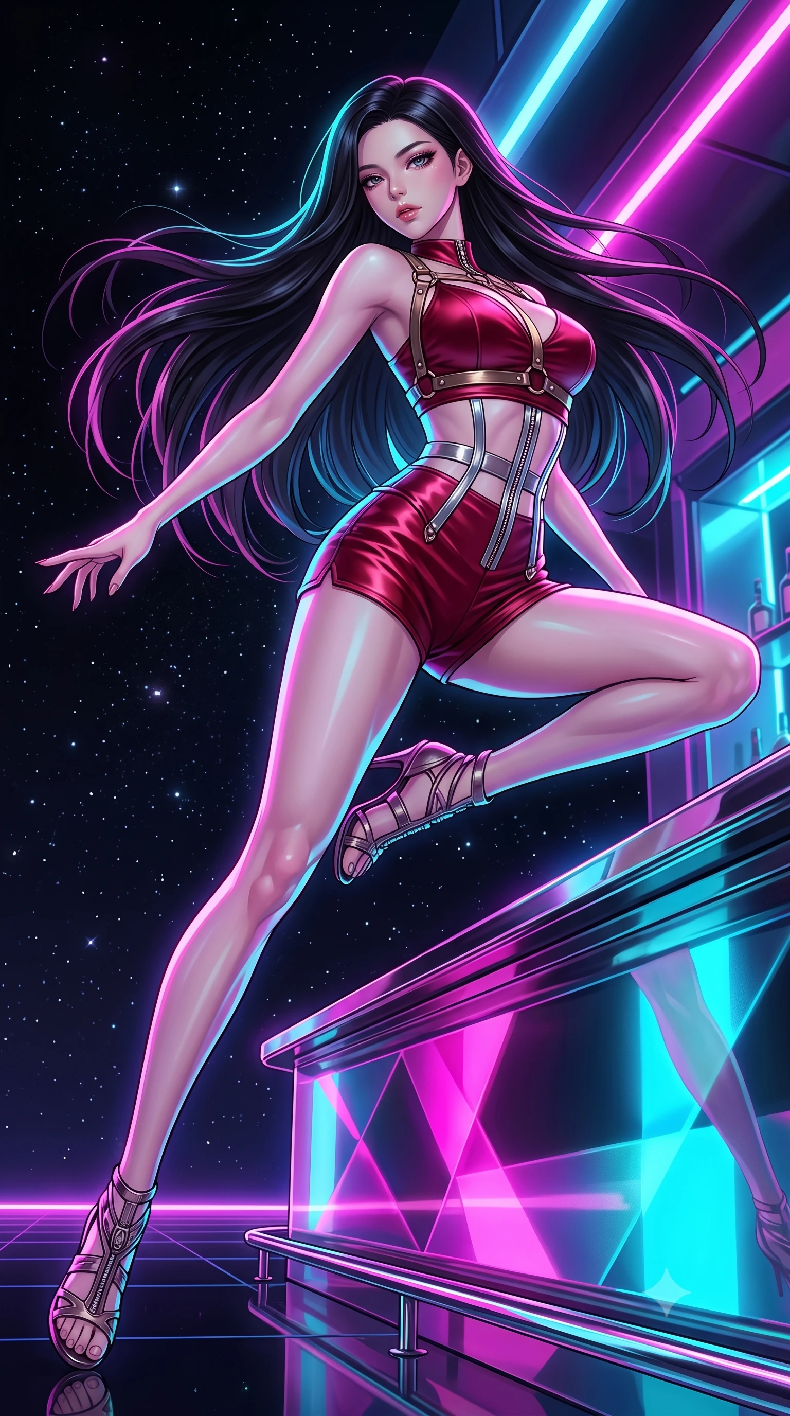 score_9, masterpiece, best quality, ultra-detailed, high-budget anime keyframe, editorial fashion photography, tasteful artistic composition, Korean woman. low angle full-body shot from head to toe showing her feet, filling the entire 9:16 vertical frame with her statuesque presence, stretching her vertical silhouette. leaping dynamically through the starry space, her posture full of power and elegance, resting against a polished chrome bar counter reflecting neon neon reflections, vibrant magenta and cyan neon rays casting geometric highlights on glossy vinyl. She has an absolutely perfect, statuesque 8.5-heads proportion, an exceptionally tall and slender model-like female figure with impossibly long slender legs and an ultra-slim waist. sharp v-shaped jawline, high-bridge nose, intricate jewel-like eyes with depth, thick eyelashes, glossy lips with a natural sheen. wearing high-cut micro-shorts and crop top set with dark leather harness in champagne gold, made of soft crimson satin, finished with metallic silver boning and sleek zipper points, the fitted fabric emphasizing her ultra-slim waist. illuminated by vibrant magenta and cyan neon rim light against pitch-black leather. highly saturated vibrant anime colors, detailed shading with soft gradients, rich glossy textures, high-contrast stereoscopic depth, volumetric dynamic lighting, master piece, 9:16 ratio