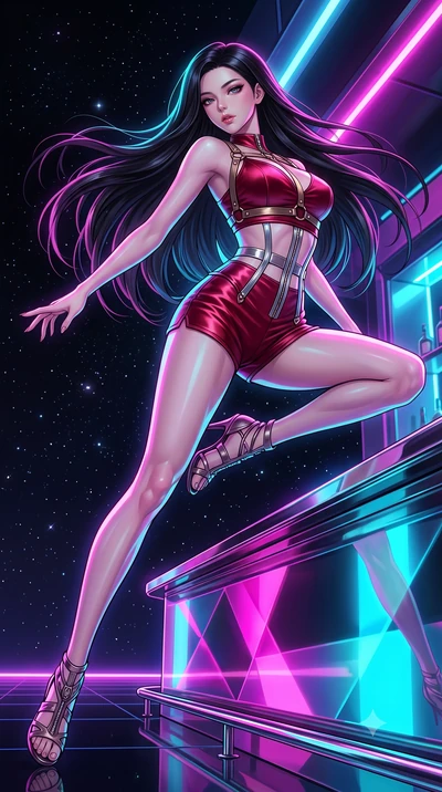 score_9, masterpiece, best quality, ultra-detailed, high-budget anime keyframe, editorial fashion photography, tasteful artistic composition, Korean woman. low angle full-body shot from head to toe showing her feet, filling the entire 9:16 vertical f