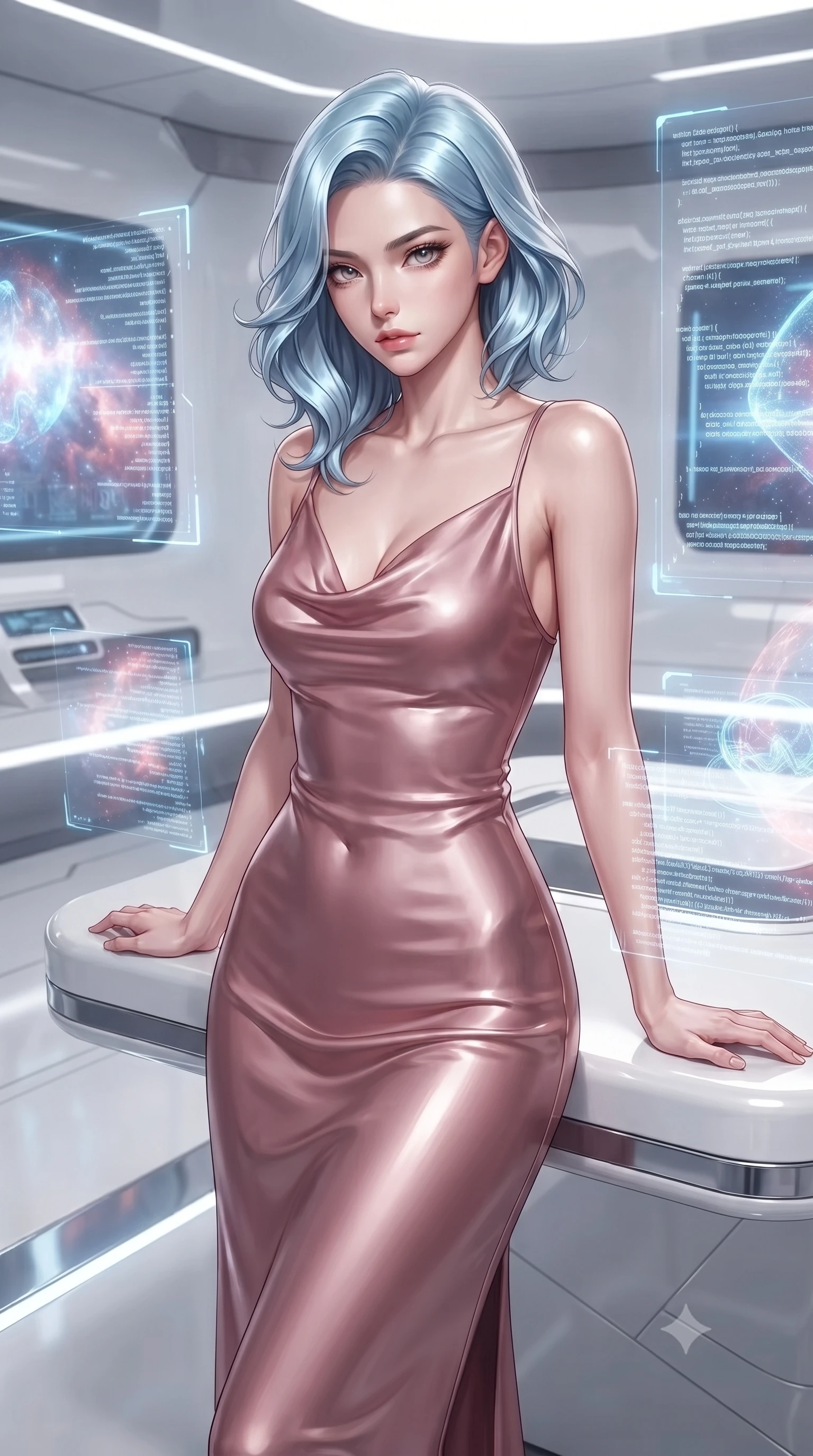 score_9, masterpiece, best quality, ultra-detailed, high-budget anime keyframe, editorial fashion photography, tasteful artistic composition, Korean woman. close-up cowboy shot from the waist and thighs up, the character dominates the composition, filling the frame with her large presence, background elements kept in soft focus. Leaning slightly forward with a composed, seductive gaze under soft glowing light resting on a sleek white floating console amidst glowing code streams, sleek reflective white and chrome surfaces emphasizing ultra-clean lines. She has an exceptionally elegant, slender, and willowy female figure with an ultra-slim waist, a gracefully sculpted slender torso, and a refined silhouette. sharp v-shaped jawline, high-bridge nose, intricate jewel-like eyes with depth, thick eyelashes, glossy lips with a natural sheen. wearing an elegant cowl-neck satin midi dress in dusty rose with a graceful draped neckline, the elegant draped fit framing her graceful clavicle and slender torso. illuminated by radiant cosmic nebula light and glowing holographic displays. ultra-reflective glossy finish, specular highlights, metallic sheen, high-contrast stereoscopic depth, volumetric dynamic lighting, 2k, ultra detail, master piece, 9:16 ratio