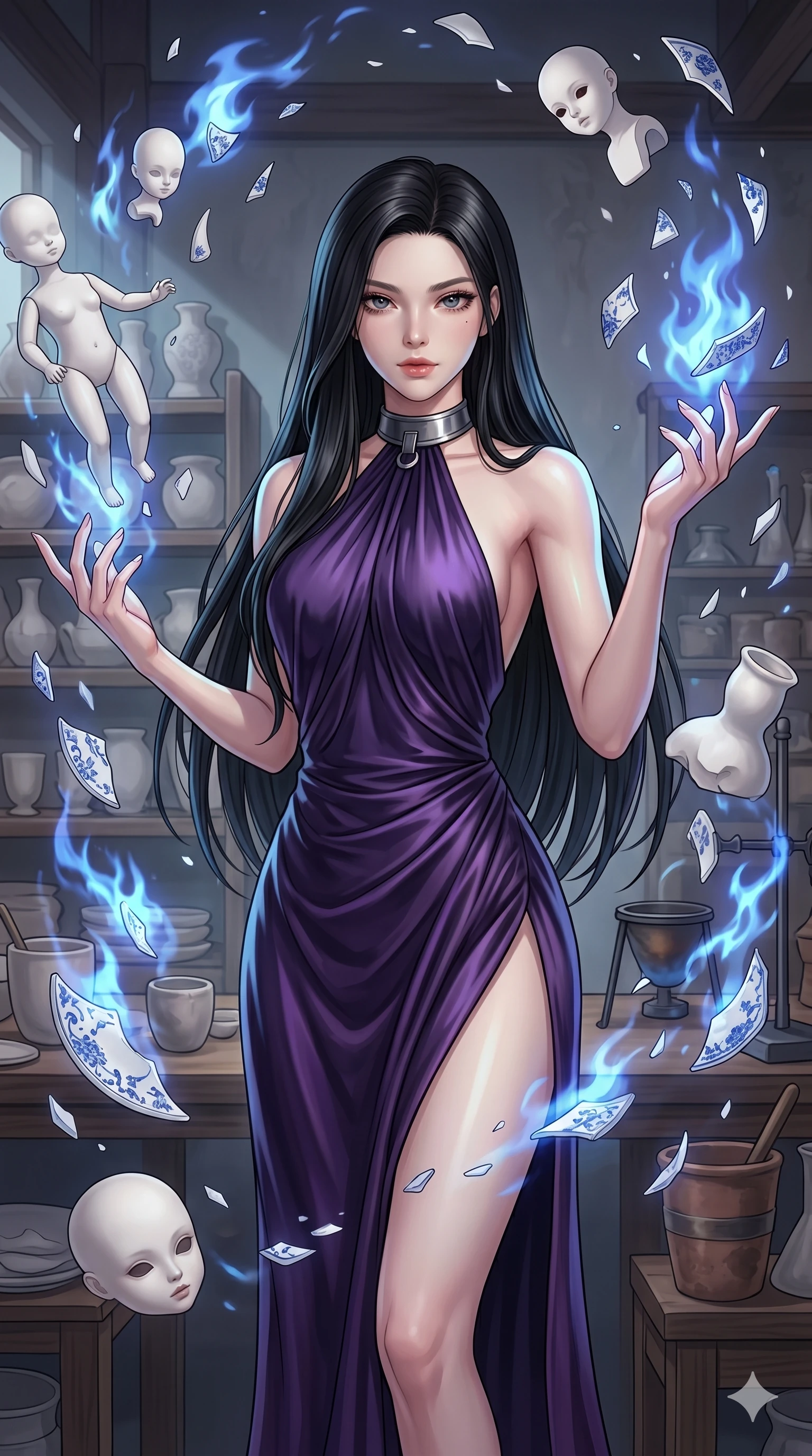 score_9, masterpiece, best quality, ultra-detailed, high-budget anime keyframe, Korean woman. upper body close-up from the thighs up, character filling the screen for maximum presence. assisting in an alchemical porcelain workshop where floating white bisque doll parts and blue porcelain shards swirl amidst blue alchemical flames. She has an absolutely perfect 8-heads proportion, an exceptionally tall and slender female figure with impossibly long slender legs and an ultra-slim waist. V-shaped jawline, high-bridge nose, intricate jewel-like eyes with depth, thick eyelashes, glossy lips with a natural sheen.. wearing a gothic liquid silk gown, featuring a deep purple liquid silk maxi gown draped around her, secured by a metallic choker collar, with a high side slit. lit by a soft glowing ambient light and a sharp side key light that traces the sleek contours of her athletic build. 2k, ultra detail, master piece, 9:16 ratio