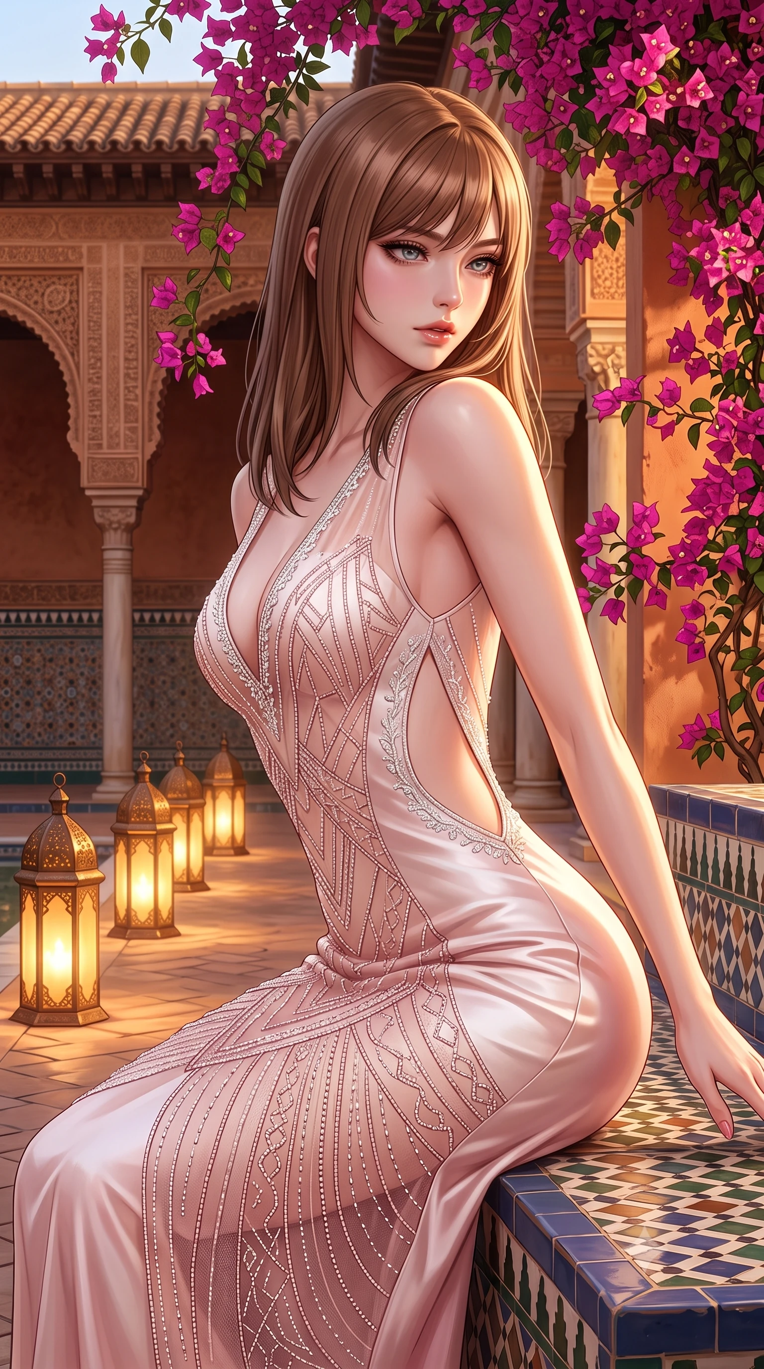 score_9, masterpiece, best quality, ultra-detailed, high-budget anime keyframe, semi-realistic 3D game render, editorial fashion photography, tasteful artistic composition, Korean woman. close-up cowboy shot from the waist and thighs up, the character dominates the composition, filling the frame with her large presence. twisting her slender torso in a deep contrapposto stance, hips dramatically shifted to accentuate her feminine curves while looking past her shoulder with smoldering bedroom-eyes while reclining on a tiled bench beneath cascading magenta bougainvillea, her flat midriff and feminine hips highlighted by warm dusk lanterns. The surrounding environment is rendered in vivid detail and crisp panoramic clarity. detailed silk dress drape, warm evening sun glints on skin, and Seville palace architecture in high resolution. She has an exceptionally elegant, slender, and willowy female figure with an ultra-slim waist, flat toned midriff, narrow ribcage, and sculpted feminine hips creating an alluring, slim hourglass silhouette without bulk. sharp v-shaped jawline, high-bridge nose, intricate jewel-like eyes with depth, thick eyelashes, glossy parted lips with a natural sheen, intensely captivating and seductive bedroom-eyes expression, flawlessly proportioned anatomical accuracy, strict slender model proportions, natural body alignment, perfectly sculpted long slender limbs, ultra-slim waistline, clean dynamic posture without body distortion. wearing a sheer vintage mesh flapper dress adorned with intricate geometric beadwork over an opaque silk slip in sakura blossom pink and warm ivory, tailored from ultra-smooth duchess satin with a pearlescent sheen, finished with delicate crystal frost embroidery tracing the plunging neckline, the precision-cut side openings and low-back scoop framing her graceful spine and the sensual sweep of her slim, toned hips. bathed in rich golden hour Andalusian sunset backlighting and warm terracotta wall bounce fill. highly saturated vibrant anime colors, detailed shading with soft gradients, rich glossy textures, high-contrast stereoscopic depth, volumetric dynamic lighting, master piece, 9:16 ratio