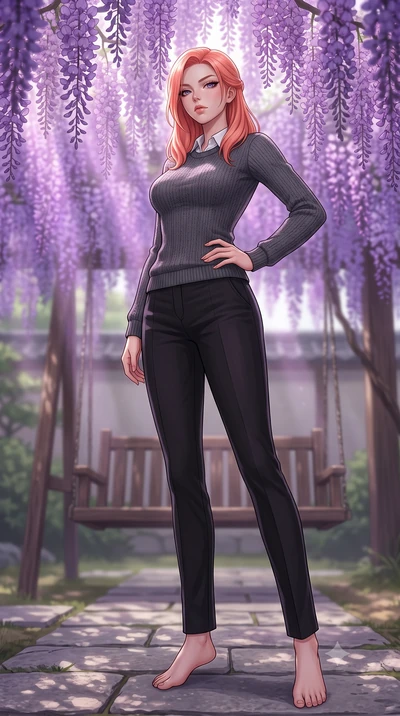 score_9, masterpiece, best quality, ultra-detailed, high-budget anime keyframe, editorial fashion photography, tasteful artistic composition, Japanese woman woman. low angle full-body shot from head to toe showing her feet, filling the entire 9:16 ve