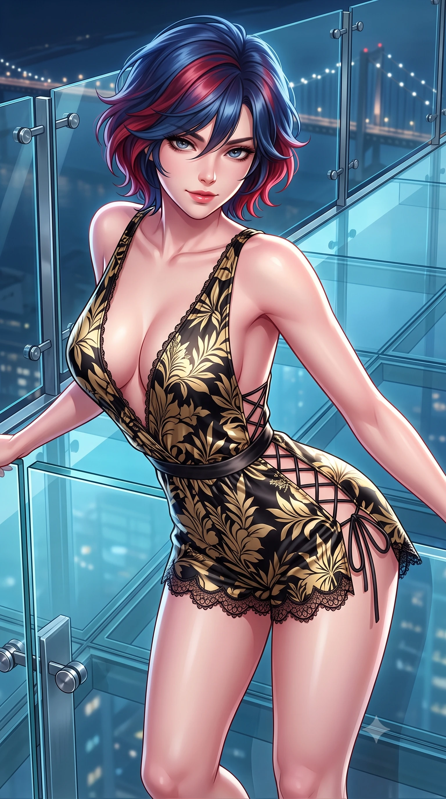 score_9, masterpiece, best quality, ultra-detailed, high-budget anime keyframe, semi-realistic 3D game render, editorial fashion photography, tasteful artistic composition, Korean woman. close-up cowboy shot from the waist and thighs up, the character dominates the composition, filling the frame with her large presence. leaning forward while arching her lower back to accentuate her curvy hips, looking into the camera with an intoxicating smoldering gaze and bedroom-eyes while standing poised on the transparent glass balcony suspended sixty stories in the air, arching her back with breathless supermodel daring. The surrounding environment is rendered in vivid detail and crisp panoramic clarity: sharp glass floor panel seams, stainless steel spider clamps, and distant bridge cable lights in deep focus. She has an exceptionally elegant, slender, and willowy female figure with an ultra-slim waist, flat toned midriff, narrow ribcage, and sculpted feminine hips creating an alluring, slim hourglass silhouette without bulk. sharp v-shaped jawline, high-bridge nose, sparkling eyes with hypnotic seductive depth, thick curled eyelashes, glossy parted lips with a natural dewy peach sheen, alluring bedroom-eyes with an enchanting coquettish smile, exuding magnetic siren charisma and sophisticated glamour, flawlessly proportioned anatomical accuracy, strict slender model proportions, natural body alignment, perfectly sculpted long slender limbs, ultra-slim waistline, clean dynamic posture without body distortion. wearing a deep V-neck botanical romper with scalloped eyelash-lace hems and a cinched satin ribbon tracing her narrow waist in dual-tone high-contrast gold-and-black monochrome, crafted from fluid liquid silk satin that clings smoothly to every curve with a dewy sheen, featuring fine criss-cross lace-up side ties revealing tantalizing glimpses of her hip curve, the high-slit wrap tailoring accentuating her ultra-slim waistline and the enchanting curve of her feminine hips with alluring seductive charm. illuminated by glass reflection bounce and sharp platinum rim lights defining her razor-sharp jawline, narrow waist, and curvy hips. highly saturated vibrant anime colors, detailed shading with soft gradients, rich glossy textures, high-contrast stereoscopic depth, volumetric dynamic lighting, master piece, 9:16 ratio