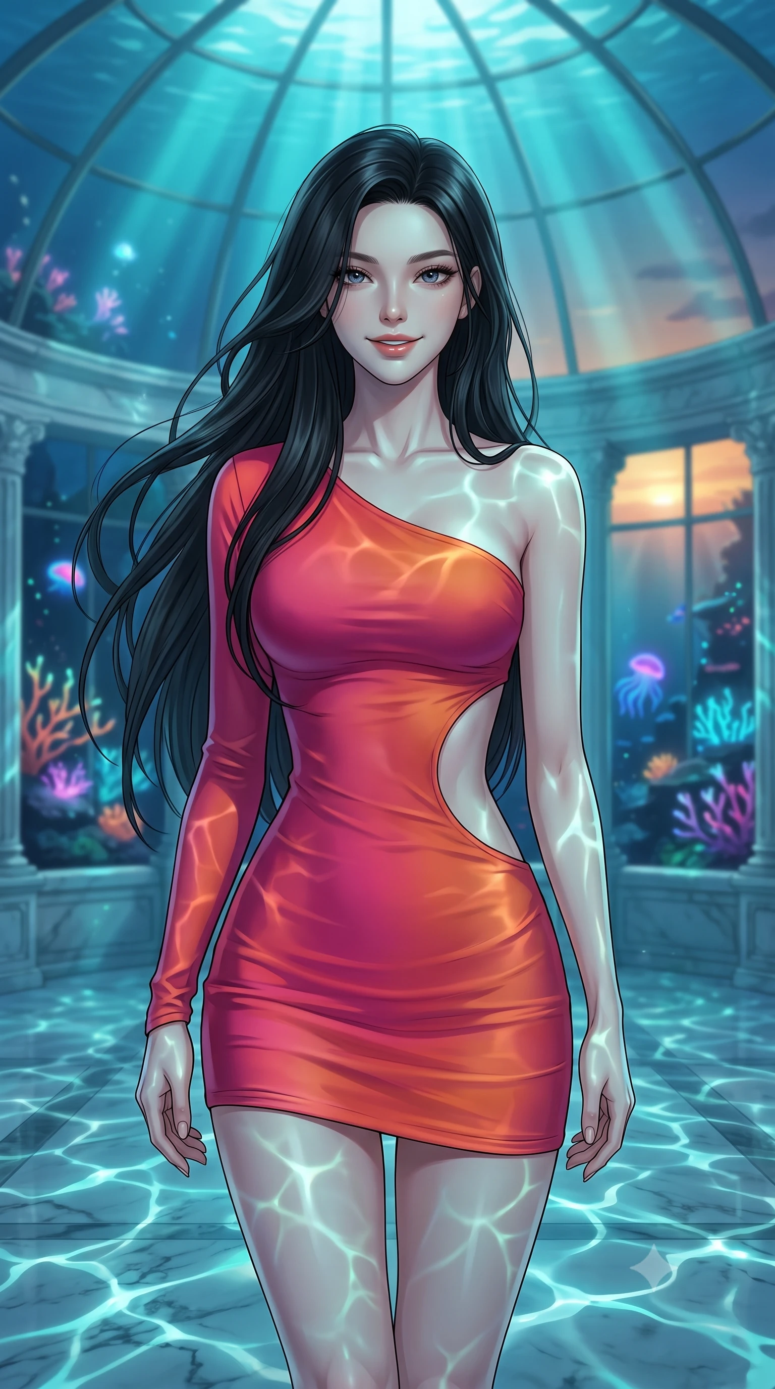 score_9, masterpiece, best quality, ultra-detailed, high-budget anime keyframe, editorial fashion photography, tasteful artistic composition, Korean woman. close-up cowboy shot from the waist and thighs up, the character dominates the composition, filling the frame with her large presence, background elements kept in soft focus. Smiling softly with a knowing, happy look in her eyes. set against a soft-focus background of inside a submerged ancient white marble conservatory under a giant underwater glass dome, filled with glowing corals and neon sea creatures. She has an exceptionally elegant, slender, and willowy female figure with a highly-defined ultra-slim waist, a gracefully sculpted slender torso, and a refined slim-fit silhouette that contours her form. sharp v-shaped jawline, high-bridge nose, intricate jewel-like eyes with depth, thick eyelashes, glossy lips with a natural sheen. wearing an asymmetric one-sleeve mini dress in a warm fuchsia and orange gradient, with a dramatic side cutout. aquamarine shafts of light filtering down through the deep water, casting moving caustic patterns across the marble floors. 2k, ultra detail, master piece, 9:16 ratio
