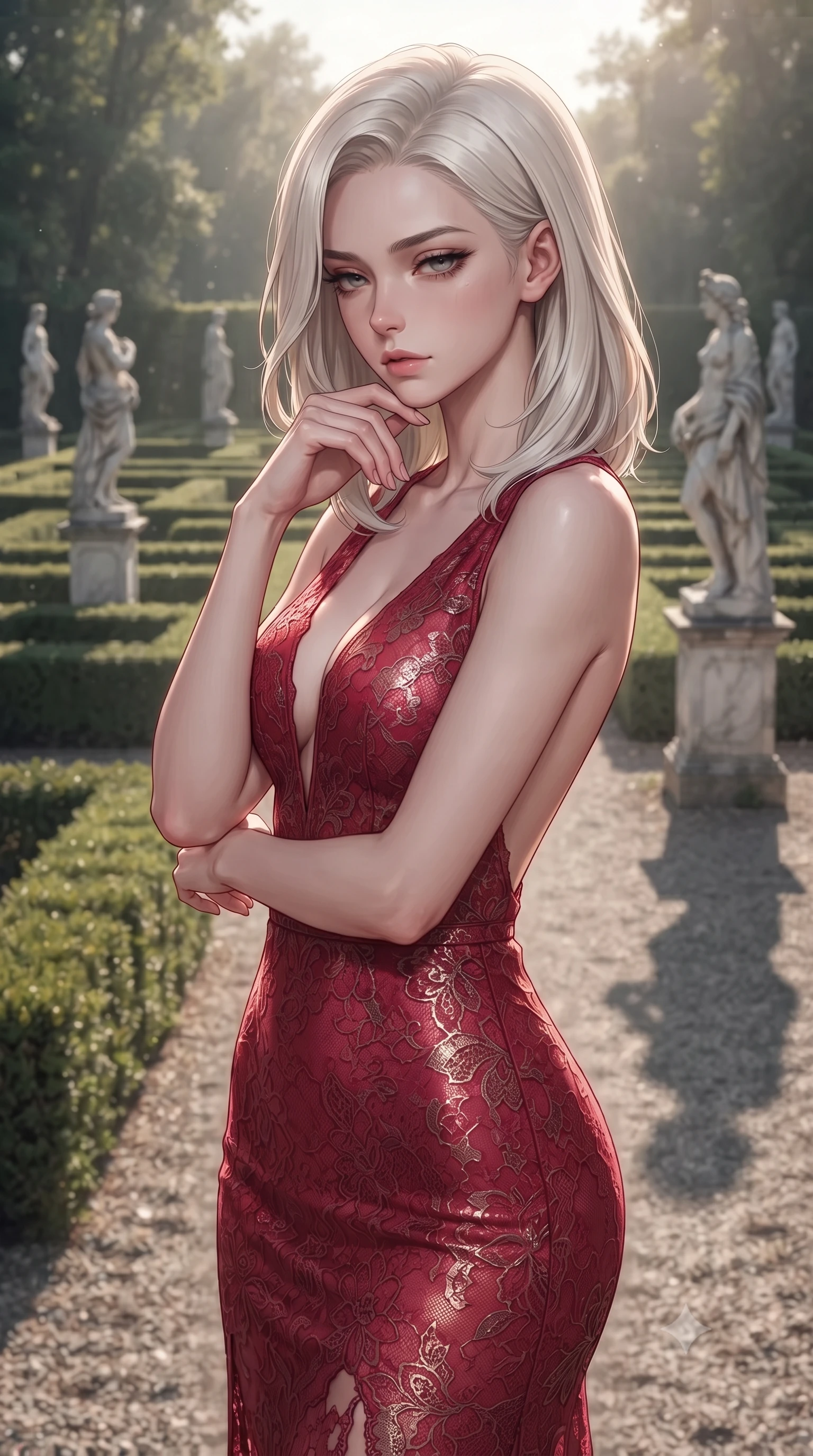score_9, masterpiece, best quality, ultra-detailed, high-budget anime keyframe, editorial fashion photography, tasteful artistic composition, Caucasian woman woman. close-up cowboy shot from the waist and thighs up, the character dominates the composition, filling the frame with her large presence, background elements kept in soft focus. resting her chin on the backs of her fingers, casting a heavy-lidded, sultry look past the camera the background shows a soft-focus a garden with structured hedge mazes, marble statues, and gravel paths of an old estate. She has an exceptionally elegant, slender, and willowy female figure with an ultra-slim waist, a gracefully sculpted slender torso, and a refined silhouette. sharp v-shaped jawline, high-bridge nose, intricate jewel-like eyes with depth, thick eyelashes, glossy lips with a natural sheen. wearing a tailored semi-opaque lace dress in crimson red, featuring a plunging V-neckline and open back. soft morning sunrays casting elegant shadows of the statues and hedges. ultra-reflective glossy finish, specular highlights, metallic sheen, high-contrast stereoscopic depth, volumetric dynamic lighting, 2k, ultra detail, master piece, 9:16 ratio