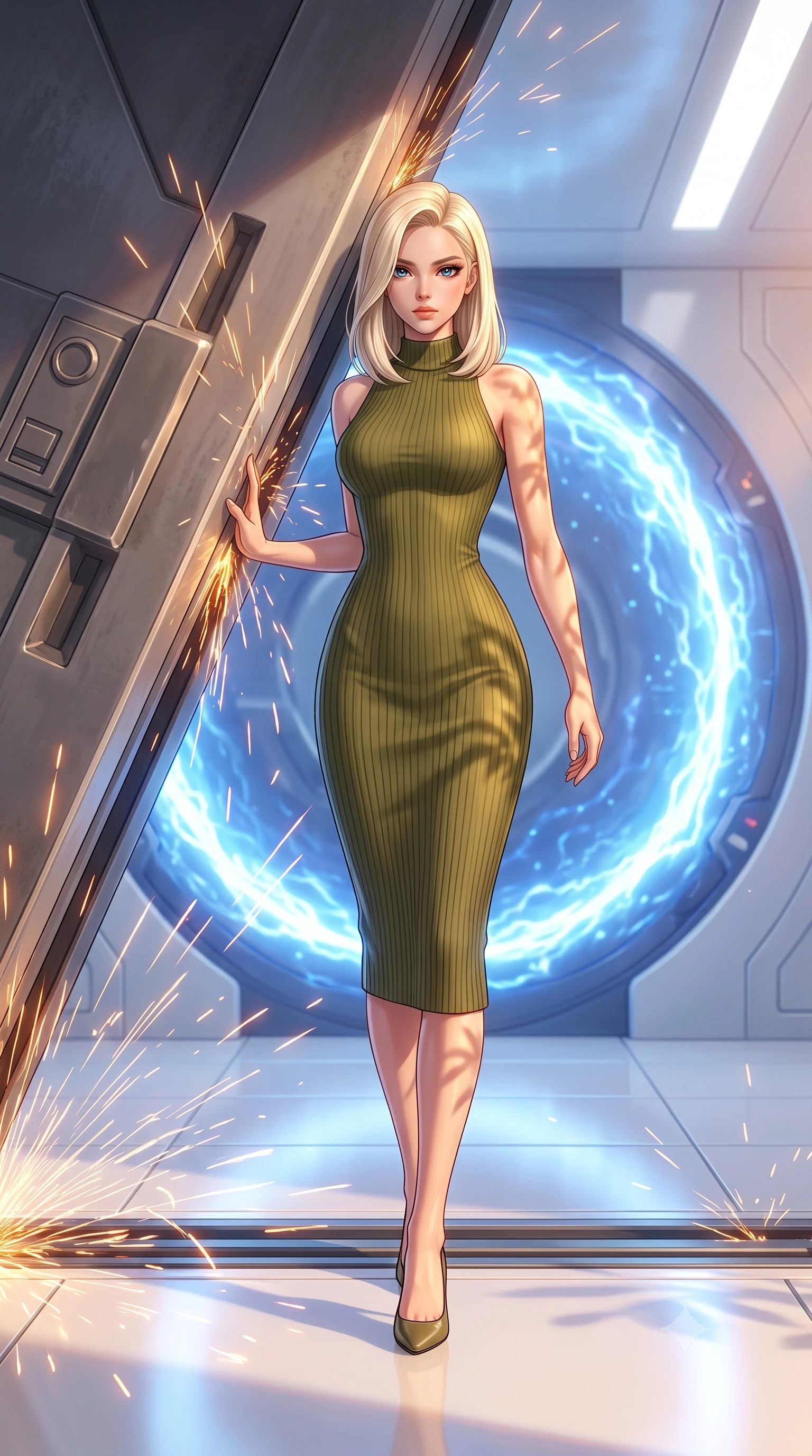 score_9, masterpiece, best quality, ultra-detailed, high-budget anime keyframe, editorial fashion photography, tasteful artistic composition, Caucasian woman, strictly human ears. low angle full-body shot from head to toe showing her feet, filling the entire 9:16 vertical frame with her statuesque presence, stretching her vertical silhouette. sliding underneath a closing blast door in a sleek combat stance with sparks flying around her inside a teleportation bay with polished white floors, a central ring of blue plasma energy pulsing dynamically. She has a statuesque 8.5-heads proportion, an exceptionally tall, slender and willowy model-like build with impossibly long legs and a highly sculpted ultra-slim waist. sharp v-shaped jawline, high-bridge nose, intricate jewel-like eyes with depth, thick eyelashes, glossy lips with a natural sheen. wearing catching and diffusing the glowing particles, shimmering softly in response to the surrounding light, a tailored form-fitting olive green ribbed-knit midi dress with a high collar, contouring her willowy torso and narrow waist. highly saturated vibrant anime colors, intense vivid color palette, soft 3D volumetric shading, volumetric dynamic lighting, warm golden afternoon sunbeams casting soft organic leaf shadows across her skin. 2k, ultra detail, master piece, 9:16 ratio